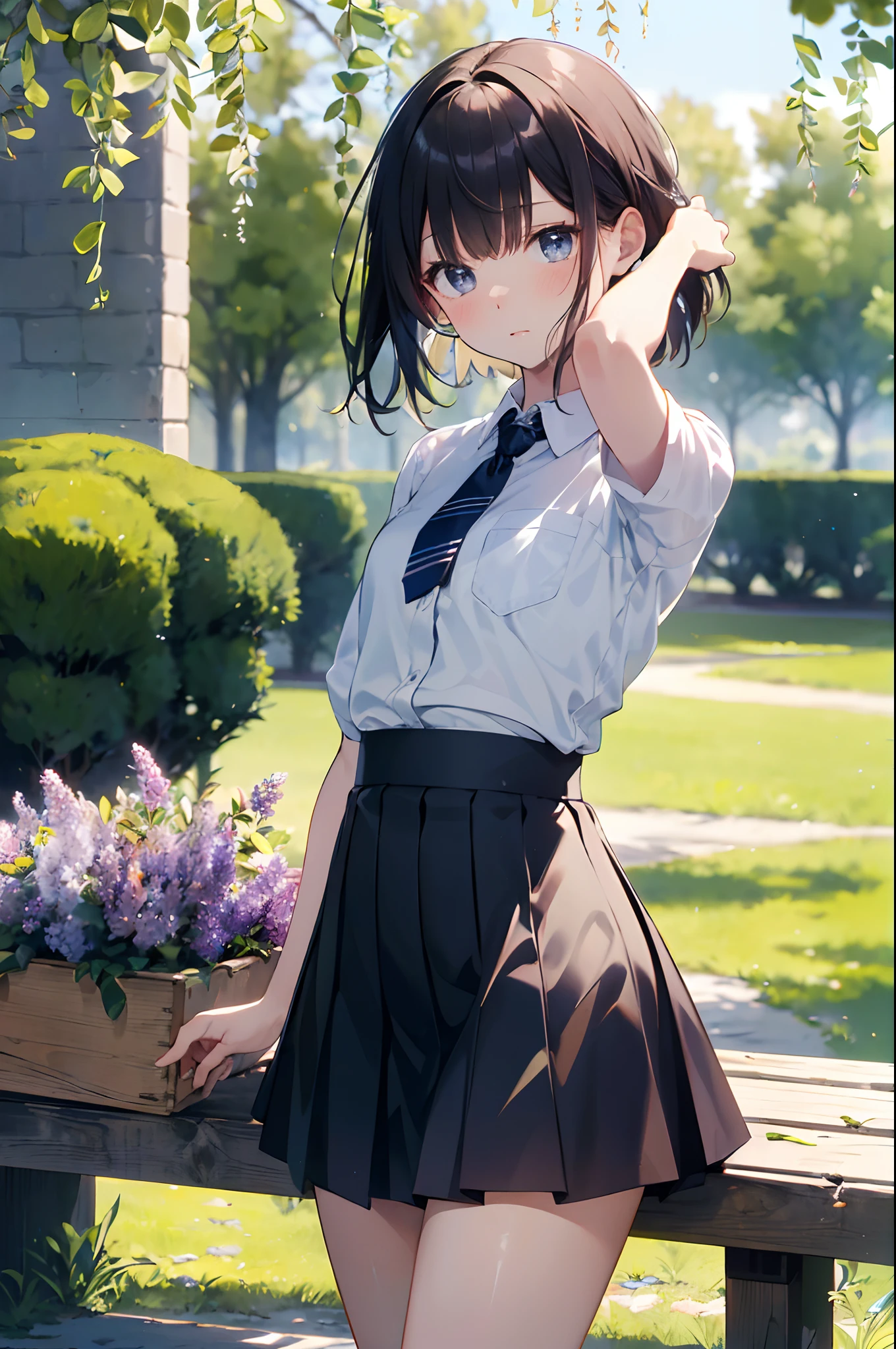 (top-quality、in 8K、32K、masterpiece、nffsw、超A high resolution、Impresionismo、Photorealsitic:1.2)、cowboy shot、foco nítido、detailed faces and eyes、(À la Fed Tree with Purple Flowers in Park with Bench, Breathtakingly beautiful tree々, Breathtaking - beautiful tree々々taking photo, Weeping willow and flowers, inspired by Matsumura Goshun, by Ikuo Hirayama, by Takeharu Matsumura, Magic Tree, by Kaii Higashiyama, Beautiful trees, very magical and dreamy)、Sharp pupils、Realistic pupils、beauitful face、18 year old beautiful girl、shinny skin、Bery short hair、Beautiful dark brown hair、Blunt bangs、Dark blue eyes、Shirt、neck tie、Plaid miniskirt、Black socks、(Have a skirt、Lifting skirt、I can see the white panties:1.3)、(Embarrassed look:1.2)、Mel Kishida