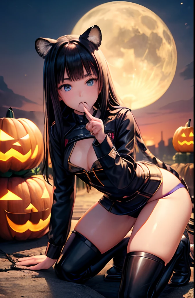 (top-quality、in 8K、32K、masterpiece、nffsw、超A high resolution、Impresionismo、Photorealsitic:1.2)、Colossal tits、cowboy shot, detailed faces and eyes、 nightclubs、Fancy lighting、Jack-o'-lanterns are placed、Halloween Costumes、beauitful face、blurry backround、16-year-old beautiful girl、shinny skin、long、Beautiful black hair、Blunt bangs、Blue eyes、(Katyusha:1.2)、Tiger ears、Tiger tail、Small shirt、a miniskirt、Short boots、Curve、Stand on one knee、(I can see panties.:1.2)、Embarrassing face with mouth closed、On all fours、Chained collar、Iron Man in Chains
