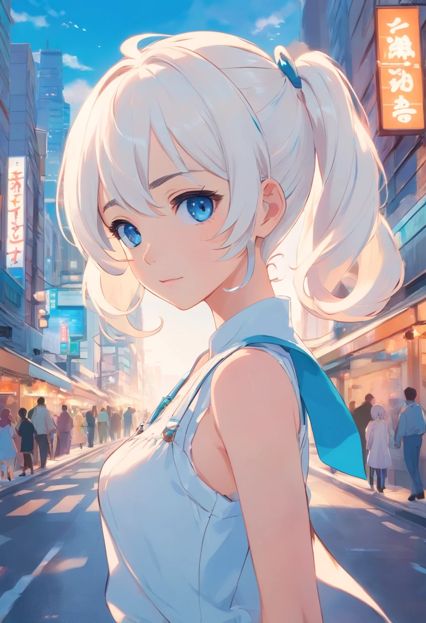 White color hair,Double ponytail curls,blue color eyes,White Lolita,Beth,Bustling city streets with big breasts,Huge breasts,A sagging breast,long leges,Slim,being thin,Lower chest position,Swollen breasts,crisp breasts,Breasts during lactation,Lactation,Tender white skin,squeezing breasts,Heavy breasts,