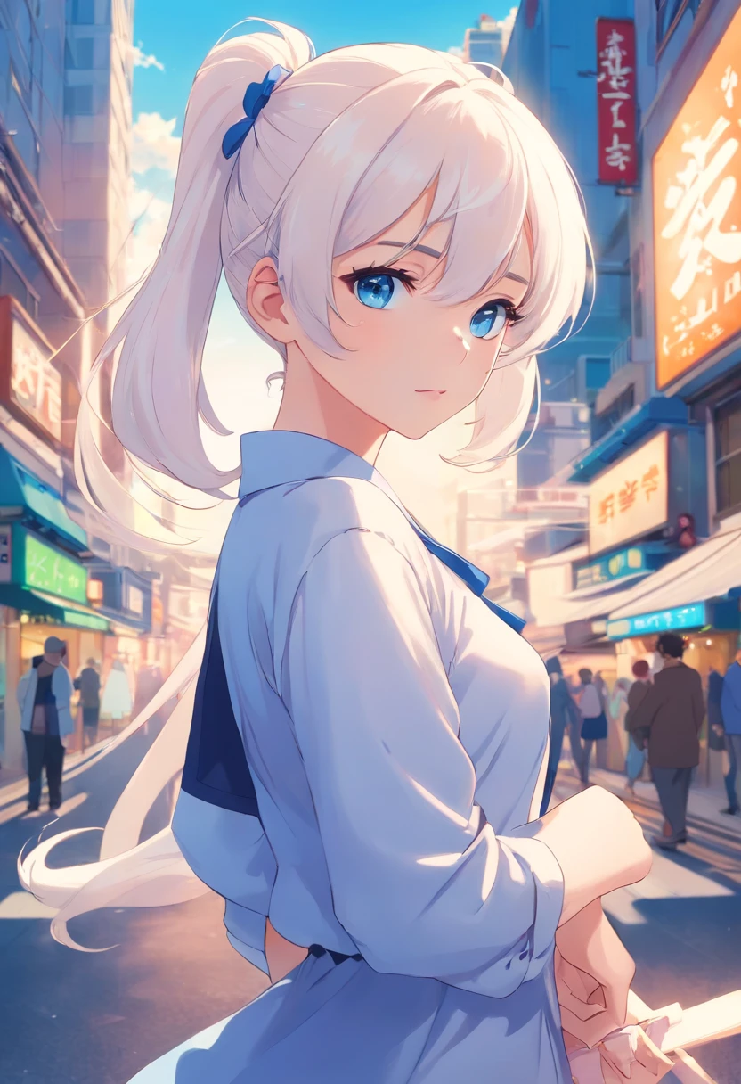 White color hair,Double ponytail curls,blue color eyes,White ta,Beth,A bustling city street