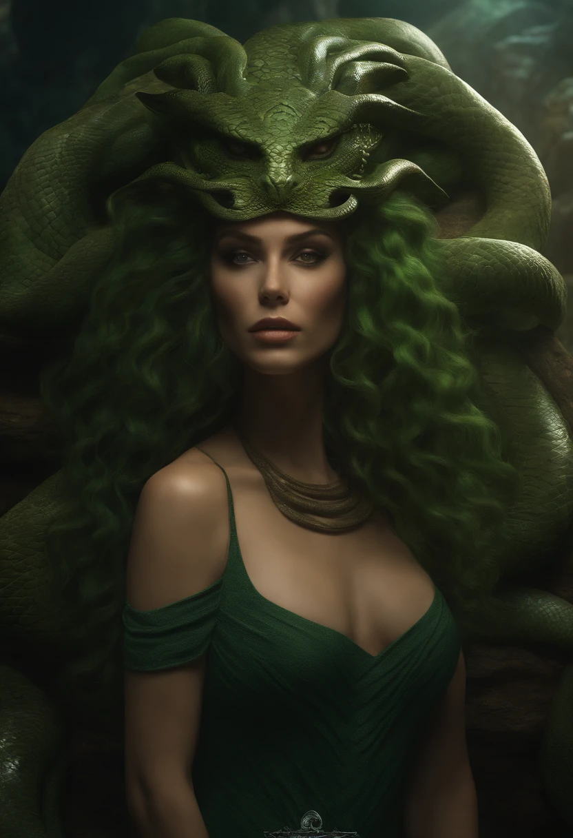 Fantasy creature, female gorgon, medusa, pretty human female face, green hair made of snakes, dark cavern background, view from waist up, cinematic, trending on artstation, Greg Rutkowski, Clyde Caldwell, matte painting, medieval fantasy