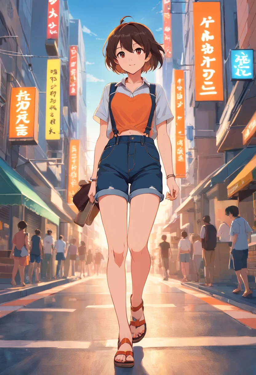 Orange suspenders,Black denim shorts,Bustling street,Energetic,Feminine and sexy,heeled sandals