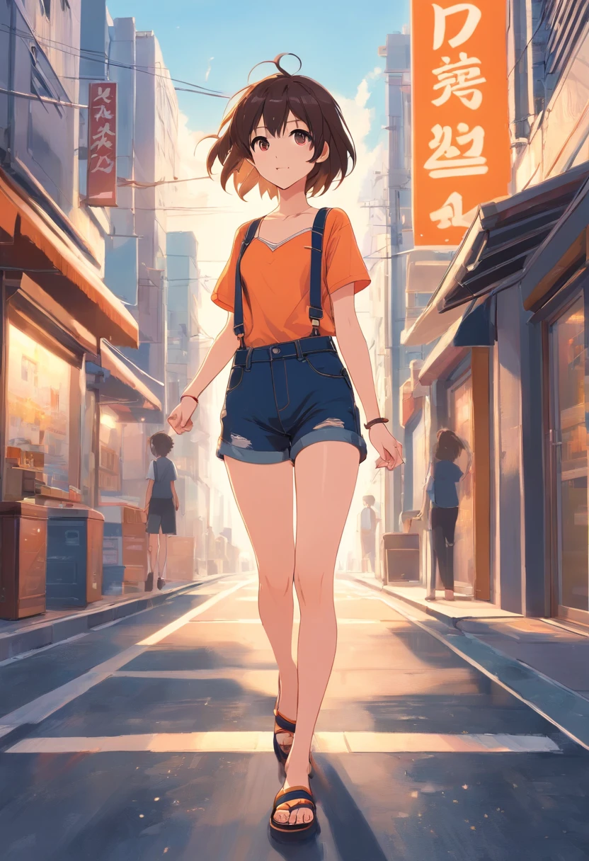 Orange suspenders,Black denim shorts,Bustling street,Energetic,Feminine and sexy,heeled sandals