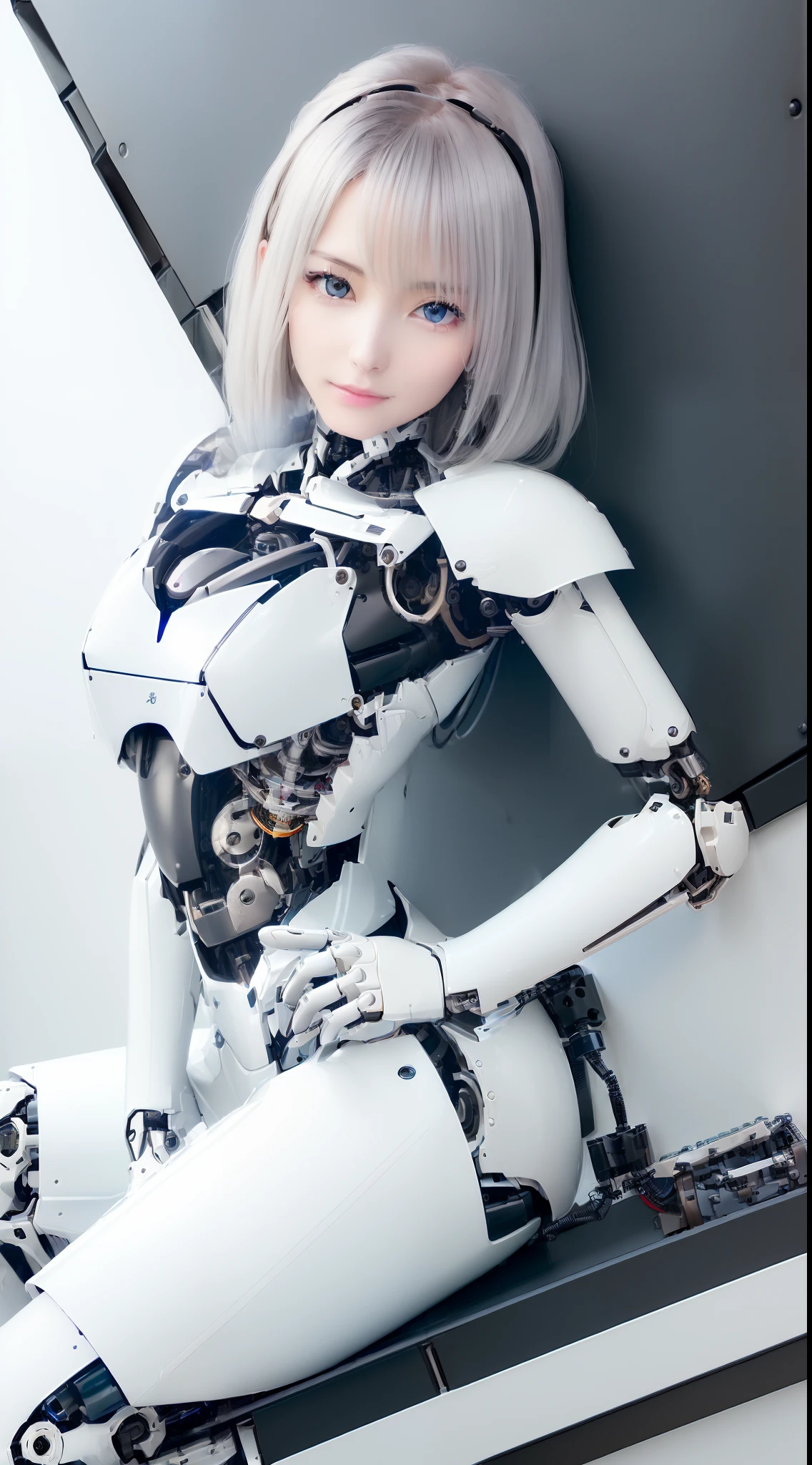 ((masutepiece)), ((top-quality), high quarity、ultra-definition, (Realistic),  ((well proportioned face))、fulcolor 、(scientific fiction)、(独奏)、Beautiful robot woman、Combat Robots、(Perfect robot joint)、(Detailed electronic board)、(Machine frame)、(White porcelain mechanical armor)、(Oval curvaceous face)、(almond shape eyes)、thin mouth、deadpan、((Perfect mechanical two-handed))、(Bright factory)、Perfect robot legs、Sit with your back against the wall