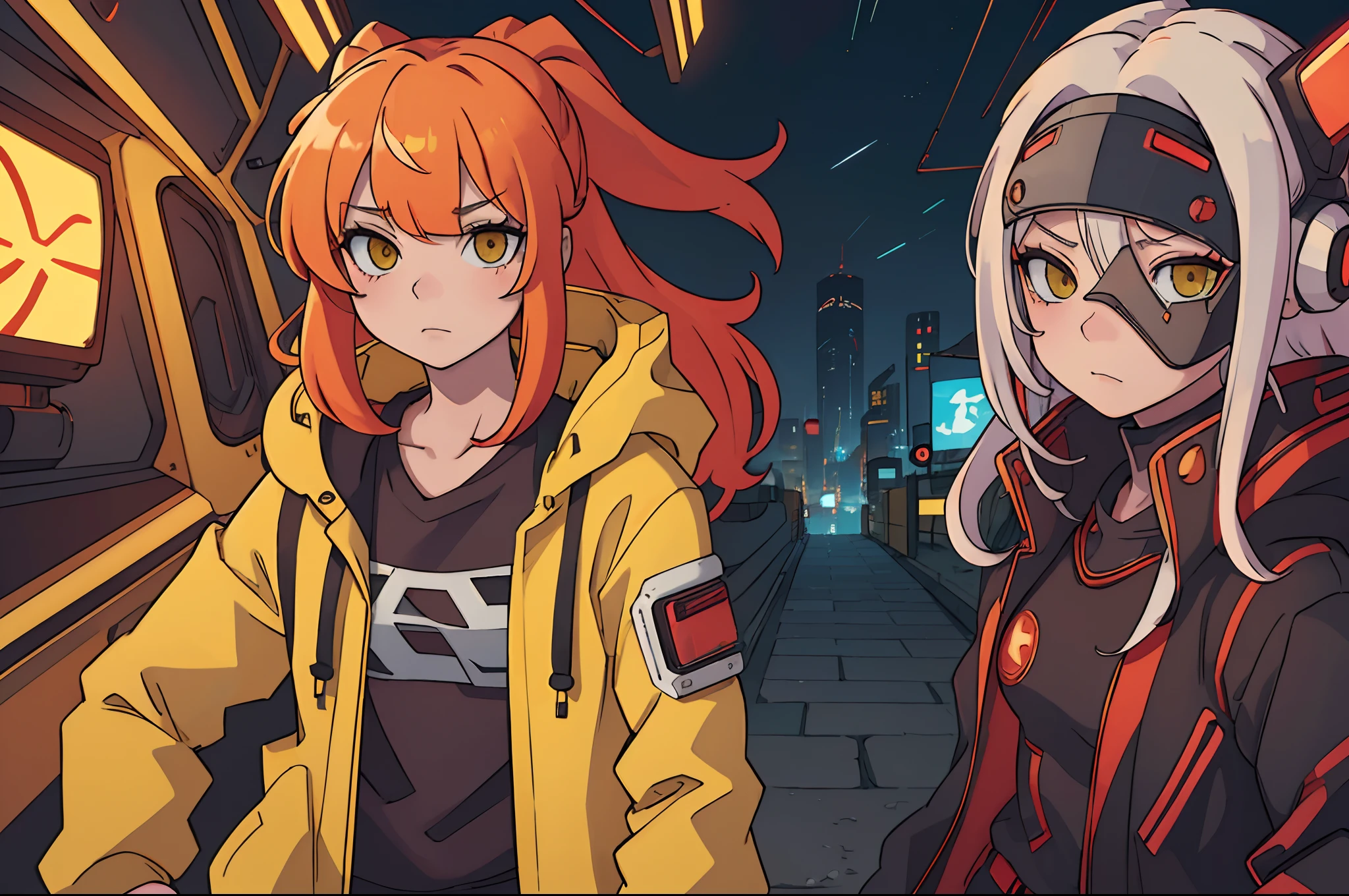 1girl,solo,mecha girl ,Albino, cute, red hair, blonde hair, beautiful, long hair, yellow eyes, wearing a parka jacket, robotic mask,dragon horn,cyberpunk jacket, hair with a ribbon,night light ((8k, UHD, ultra realistic))