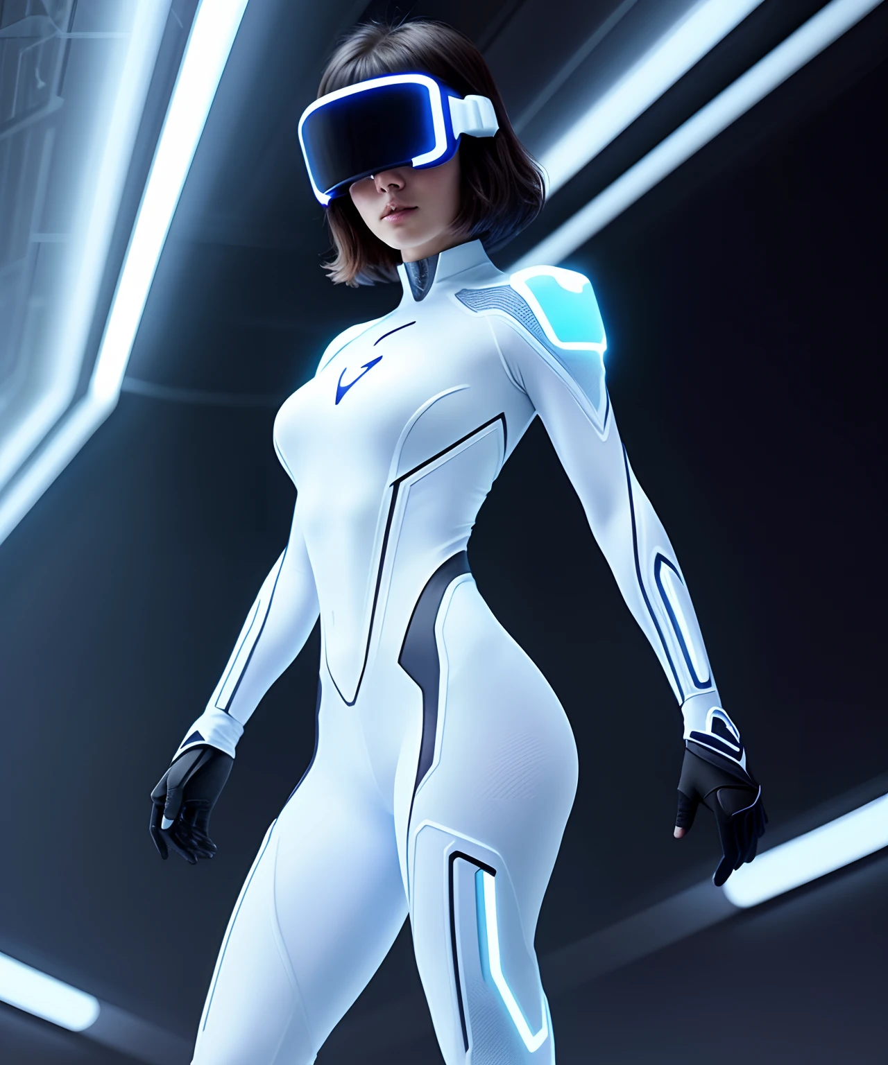 Biomechanics Skinny Female Semi-Cyborg、(full body Esbian)、(Wear(semi transparent:1.2)Organza|With silicone skin|Iron Detail|Iron Cyborg Skeleton Body)、a closeup、(Highly detailed spacecraft|nffsw)environment、(Magnificent magnificent composition|dynamicposes)、depth of fields、medium shot、((Warm light:1.4)|(Rim Lights:1.5) )、Cinematic、(ighly detailed|Maximum clarity and sharpness)、Mobius-inspired design, Immersive virtual reality environments.Movie Tron、moebius、Syd Mead、Kevin Flynn、tron(1982,movie),Pure white suit covering the whole body、Movie Tron Helmet、Electronic circuit pattern、Cindy Morgan、Lola、Short-cut hairstyles、Immaculate helmet、Neon pattern on helmet、Tron Design、Pure white smooth full-body suit、Tron suit imitating electronic circuits in white and blue tones、The background is、It is a neon pattern of a complex electronic circuit that emits green light.., Red, Orange light instead of pink、The white suit is、It is a line state pattern of the design of a blue electronic circuit that emits light..、The white suit does not reflect the background color very well、Lonely pose is、Strongly evoked by the atmosphere of the 1982 film Tron.、Pale white suit covering the whole body、It highlights many fine lines designed to mimic electronic circuits that emit blue light..、The whole body is covered with a very thin suit integrated with the body line、In particular, the feature of suits and helmets is that there are no black parts that are close to the body.、