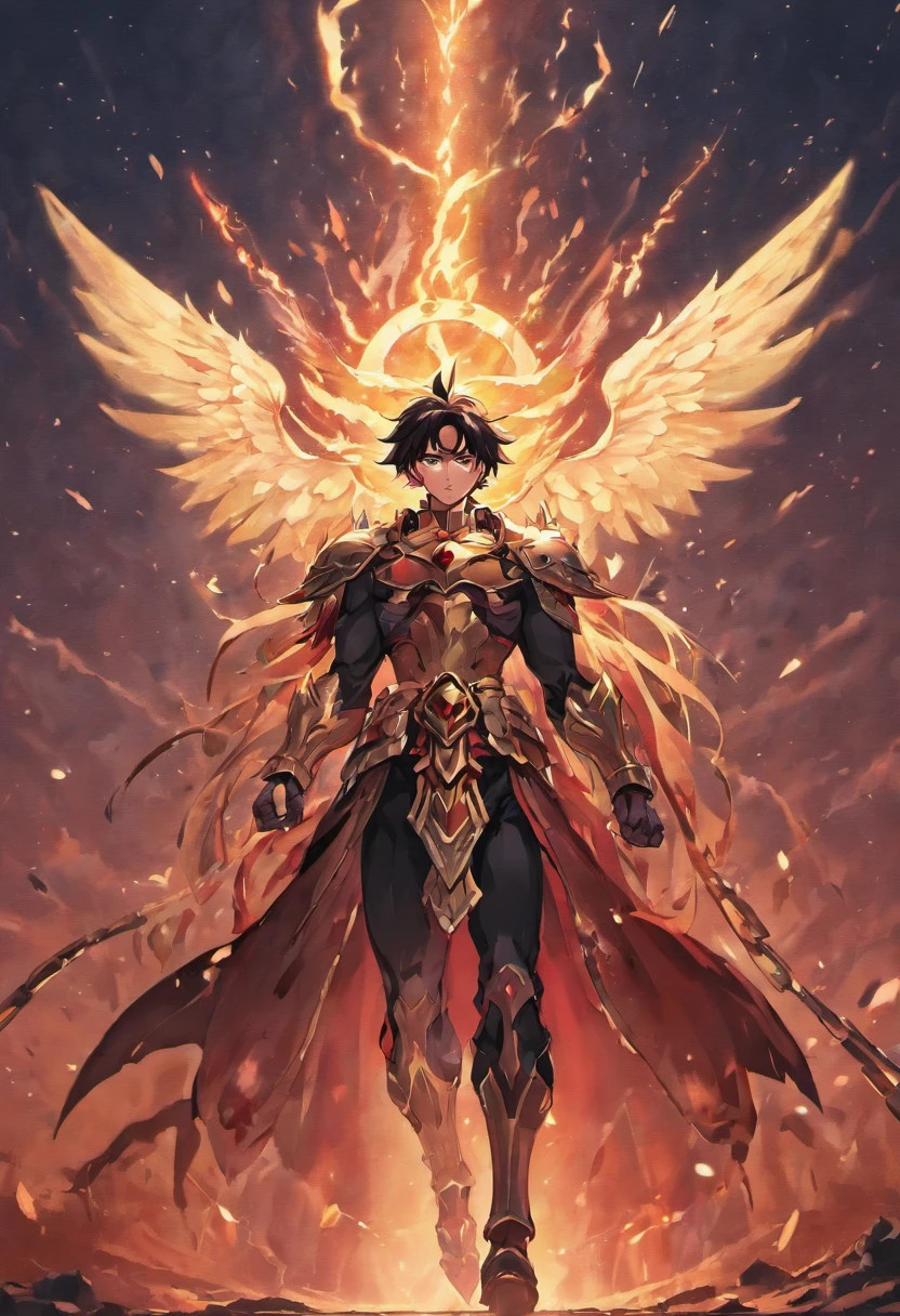 A Stunning Anime Composition Showcasing Master Ares of Athena's Shrine (saint seiya), Silhouette against a blood-red sky, The Aftermath of an Epic Battle, o manto esfarrapado do guerreiro ondulando ao vento, Surrounded by fallen enemies and debris, Capturing a Sense of Tragedy and Resilience, 3D, criado com modelagem detalhada de personagens, Realistic lighting and atmospheric effects to convey the intensity and atmosphere of the scene, --ar 16:9 --v 5