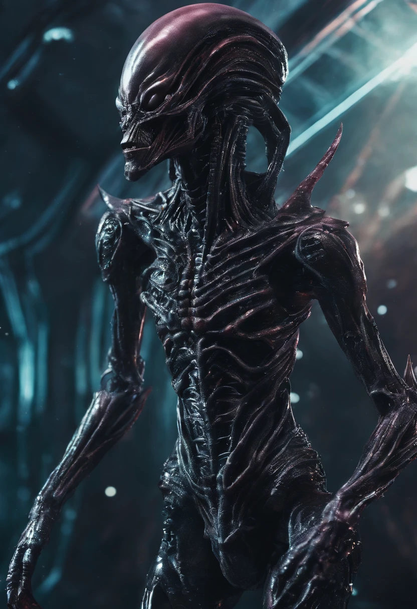 angel alien, shiny skin, dark, demonic, evil, scene of destruction background, high resolution, wide camera angle