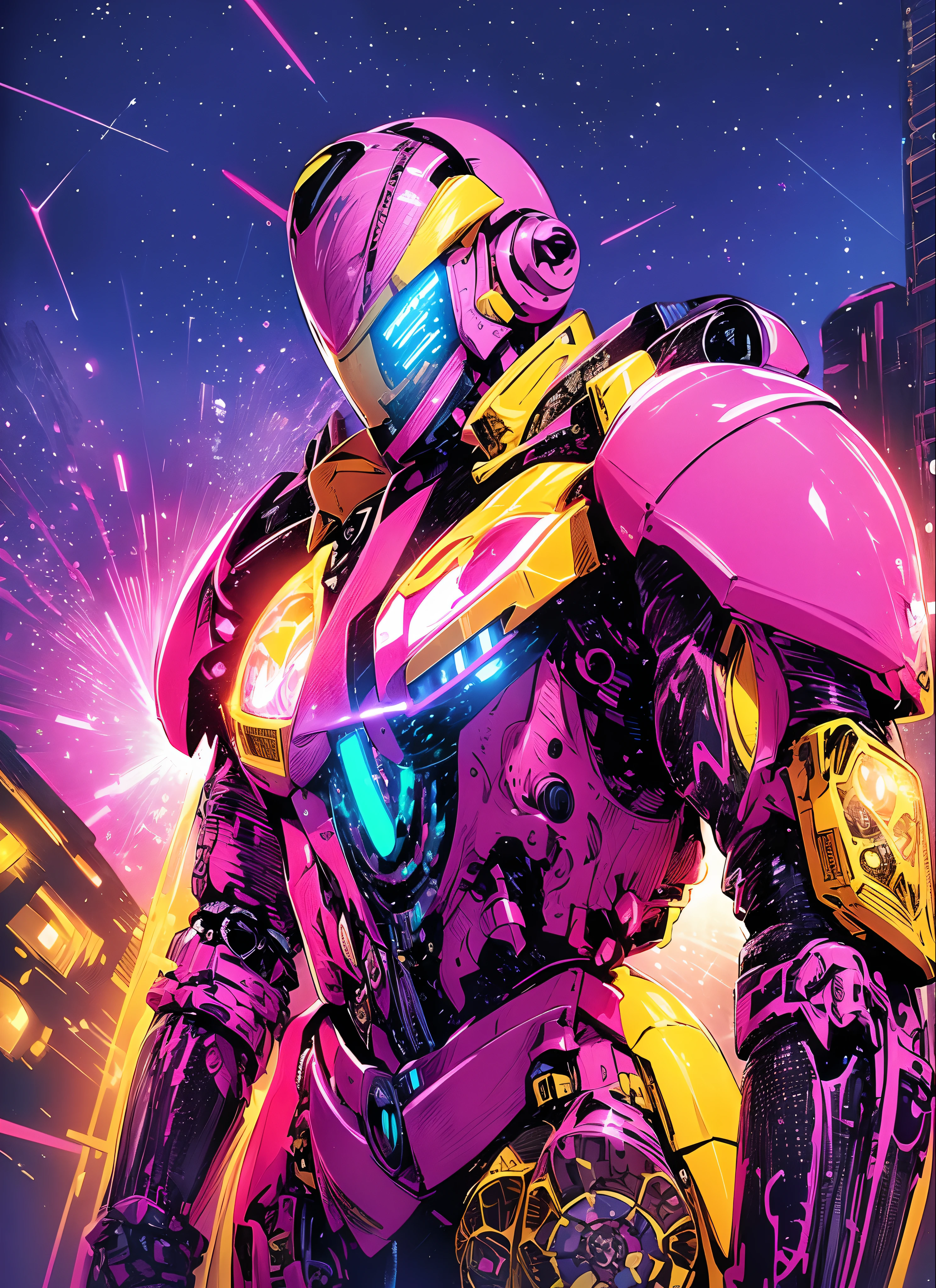 Close-up of robot in pink and yellow suit, Mecha suit, mecha art, mecha asthetic, girl in mecha cyber armor, neon armor, cool mecha style, neon scales and cyborg tech, Streamlined pink armor, dressed in light armor, in opal armor, intricate glowing mecha armor, Full body mech set Kamen Rider