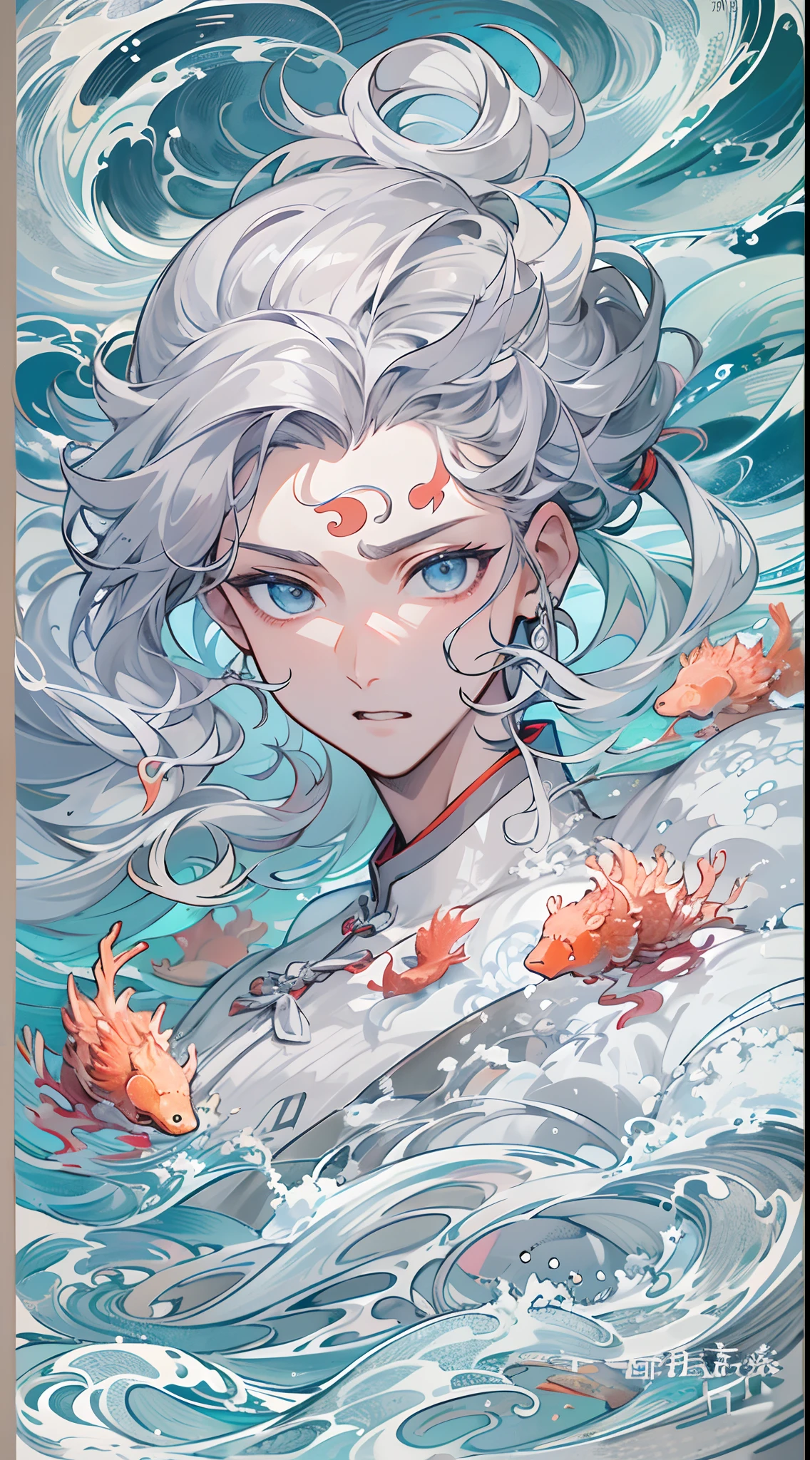 tmasterpiece,Need,超高分辨率,shoun,Chinese ancient style,(Short silver-gray hair),blue color eyes,Libido boy,adolable,Water god,The corals,Clouds,wave,Kamimei,Armour,Step on the waves