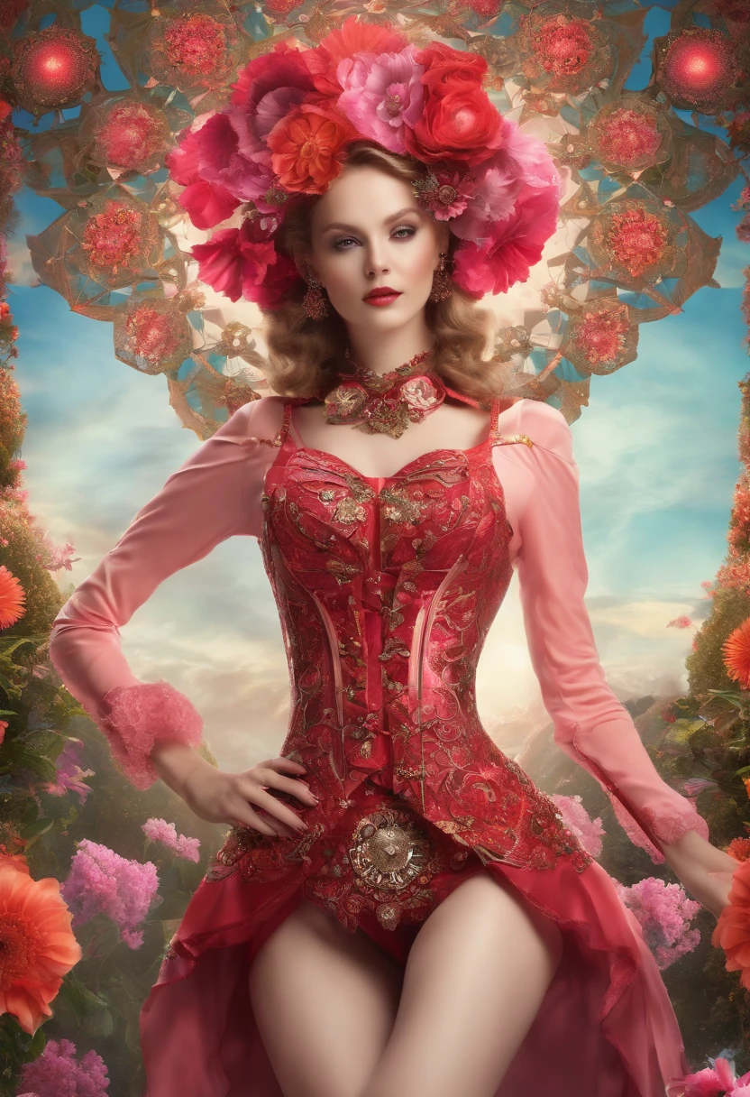absurderes, A high resolution, Ultra detailed, (1girll:1.3), Fantasy steampunk costumes , Psychedelic, fractal patterns, geometric figure, Dynamic, Bright colors, (Flowers, petals), (red and pink:1),
