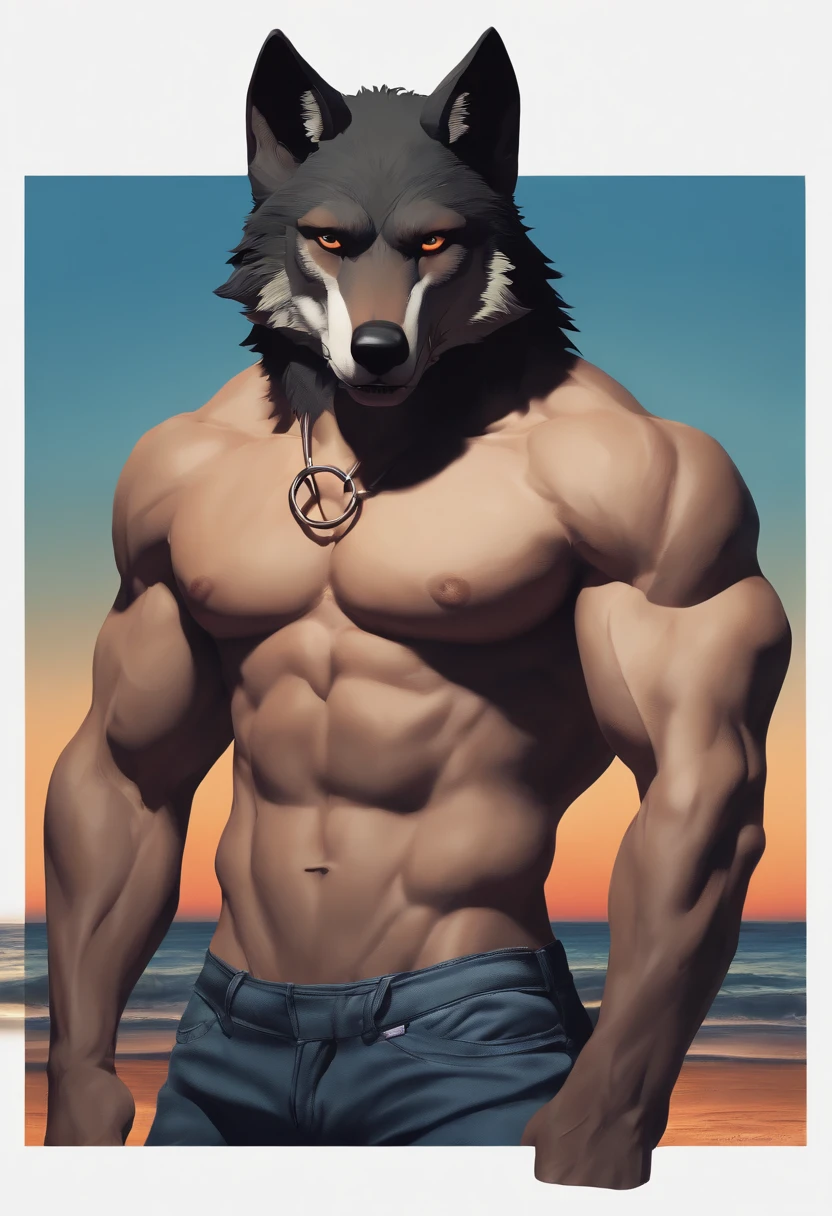 mr wolf. 4k, high resolution, best quality, posted on e621, solo, anthro body, male, adult, masculine, (very muscular, buff:1.2), correct anatomy, (beach background, sea background, sky background, blurry background, out-of-focus background, sunset:1.0), (by wfa:1.2), (by negger:1.0), sexy, (cel shaded:1.2), cartoony shading, flat coloring, (strong shadows, dark shadows, backlight:1.2), (black-colored speedos, bulge:1.2), (mr wolf eyes:1.2), (flexing muscles:1.2), (wolf tail:1.4), sexy, seductive, backlight, , wet body, sweat, half body