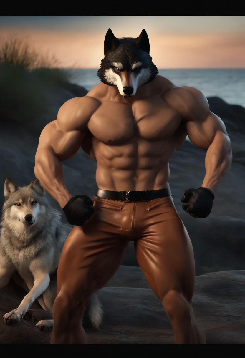 mr wolf. 4k, high resolution, best quality, posted on e621, solo, anthro body, male, adult, masculine, (very muscular, buff:1.2), correct anatomy, (beach background, sea background, sky background, blurry background, out-of-focus background, sunset:1.0), (by wfa:1.2), (by negger:1.0), sexy, (cel shaded:1.2), cartoony shading, flat coloring, (strong shadows, dark shadows, backlight:1.2), (black-colored speedos, bulge:1.2), (mr wolf eyes:1.2), (flexing muscles:1.2), (wolf tail:1.4), sexy, seductive, backlight, , wet body, sweat, half body