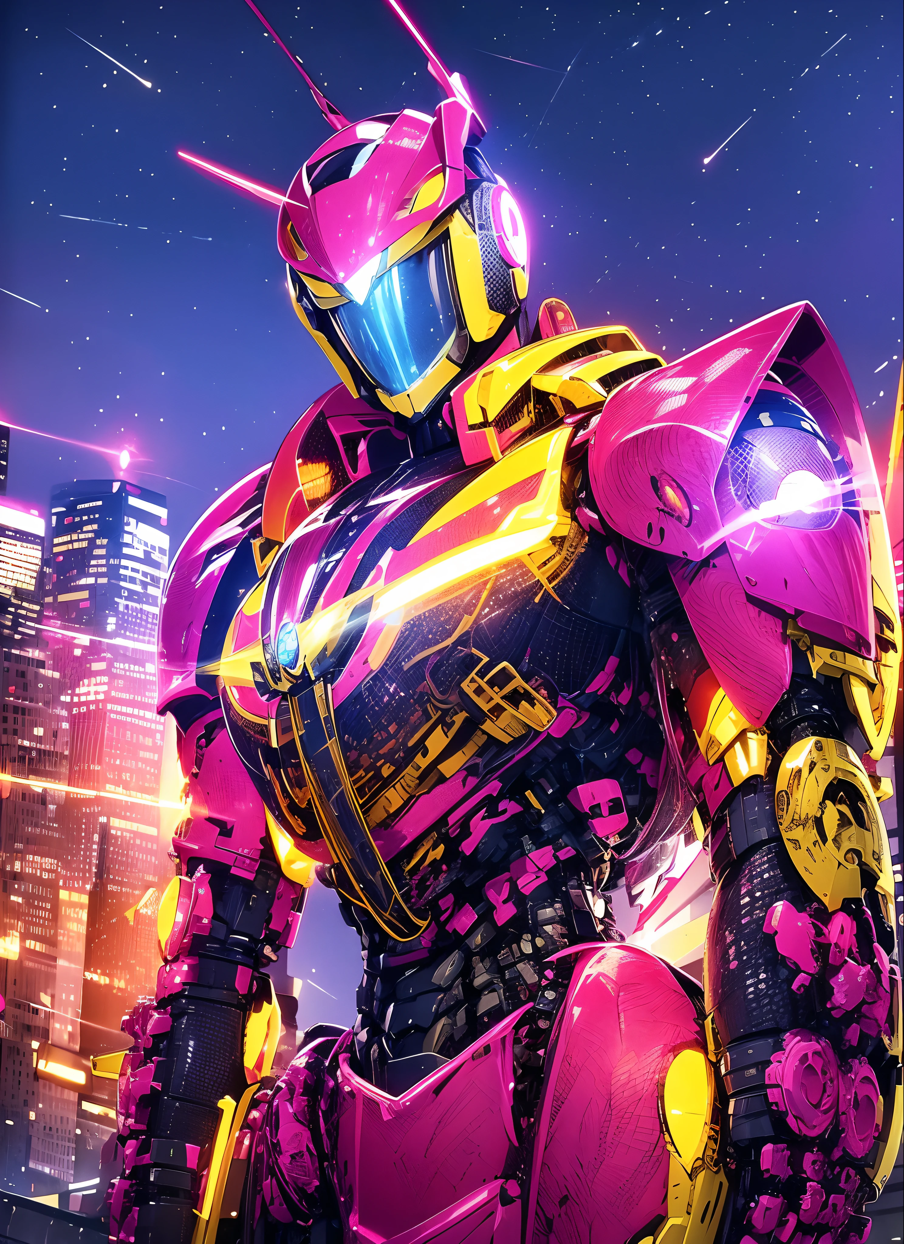 Close-up of robot in pink and yellow suit, Mecha suit, mecha art, mecha asthetic, girl in mecha cyber armor, neon armor, cool mecha style, neon scales and cyborg tech, Streamlined pink armor, dressed in light armor, in opal armor, intricate glowing mecha armor, Full body mech set Kamen Rider