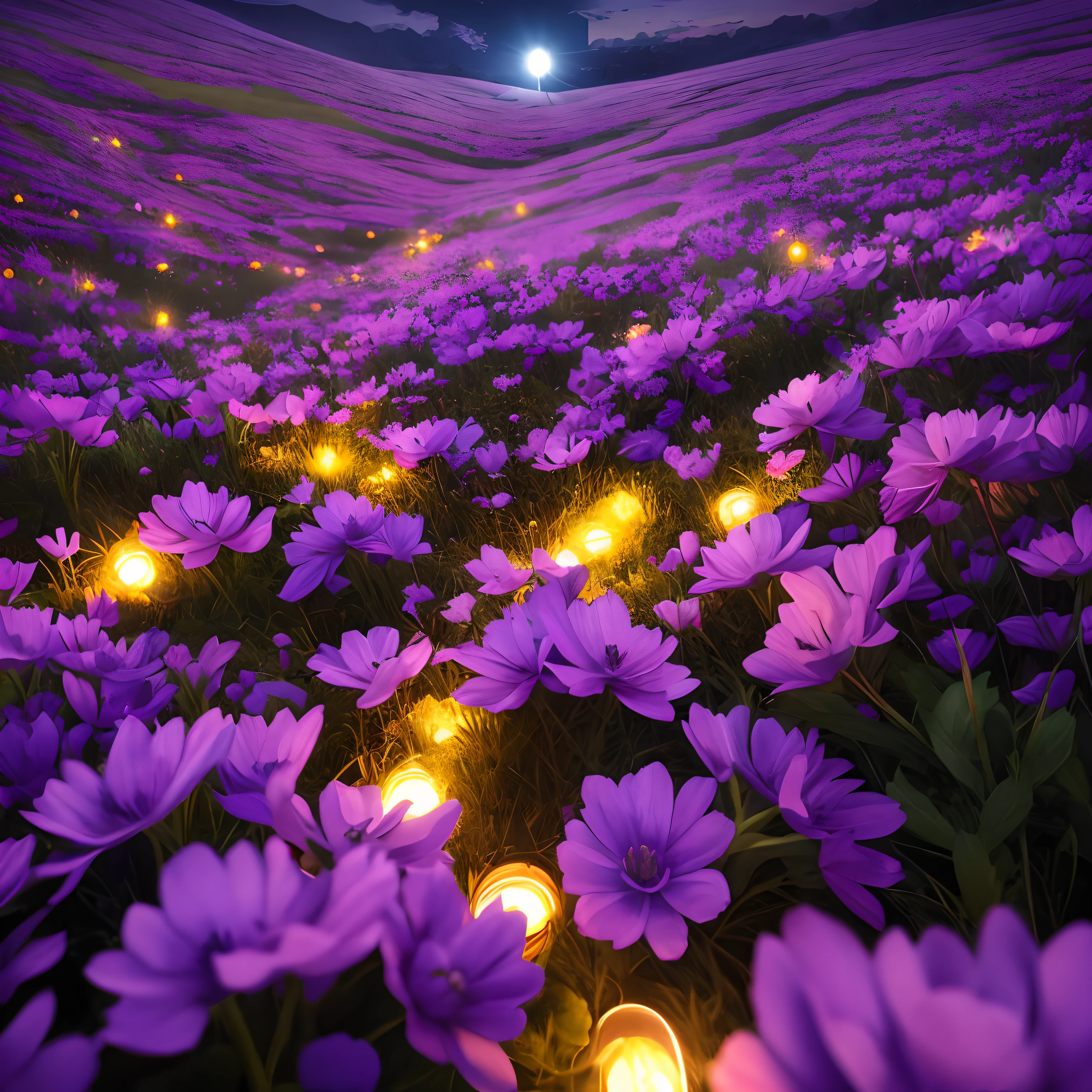 Expansive landscape photograph,(look from down,Above is darkness,Below is a sea of open flowers,(Night:1.4)BREAK Making Art,(Warm light source:1.0),lamp lights,Lots of purple and black,Complicated details,Realism BREAK(tmasterpiece:1.2),(best qualtiy),4K,Ultra-detailed,(dynamic compositions:1.4),The is very detailed,Colorful details,(Irridescent color:1.2),dream magical,magical,(独奏:1.2)
