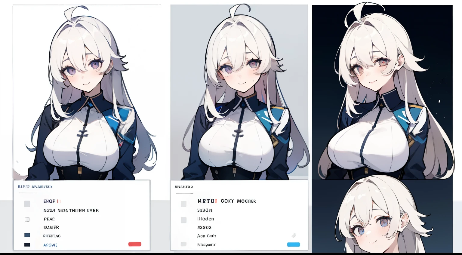 ((Masterpiece, highest quality)), detailed face, character sheet, Full body, 1girl, silver eyes, beige hair, ahoge,  hair between eyes, wearing a dark blue suinsuit below a white futuristic jacket, cardigan, (((large breasts))), smile, yandere, dark, white theme, pale skin, full of details, multiple poses and expressions, highly detailed, depth, many parts