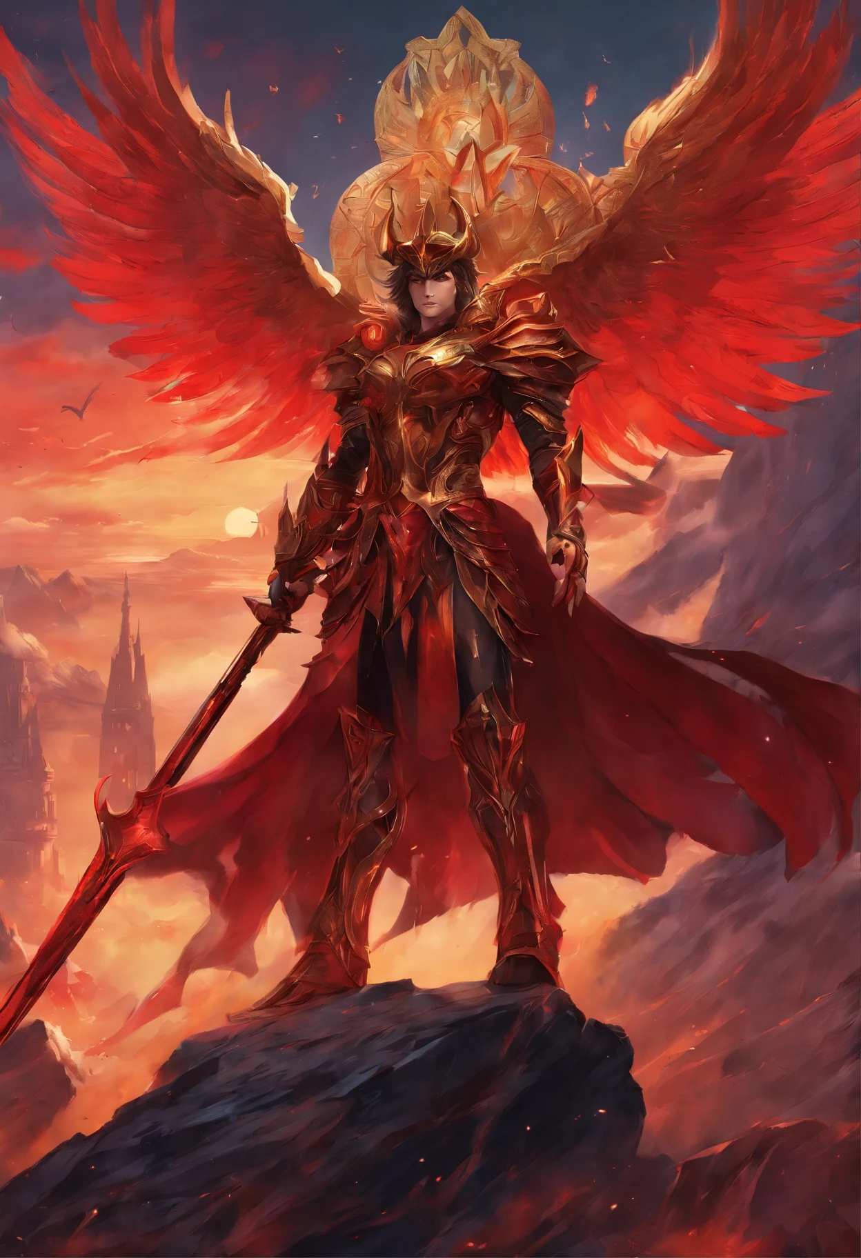 A Stunning Anime Composition Showcasing Master Ares of Athena's Shrine (saint seiya), Silhouette against a blood-red sky, The Aftermath of an Epic Battle, o manto esfarrapado do guerreiro ondulando ao vento, Surrounded by fallen enemies and debris, Capturing a Sense of Tragedy and Resilience, , criado com modelagem detalhada de personagens, Realistic lighting and atmospheric effects to convey the intensity and atmosphere of the scene, --ar 16:9 --v 5
