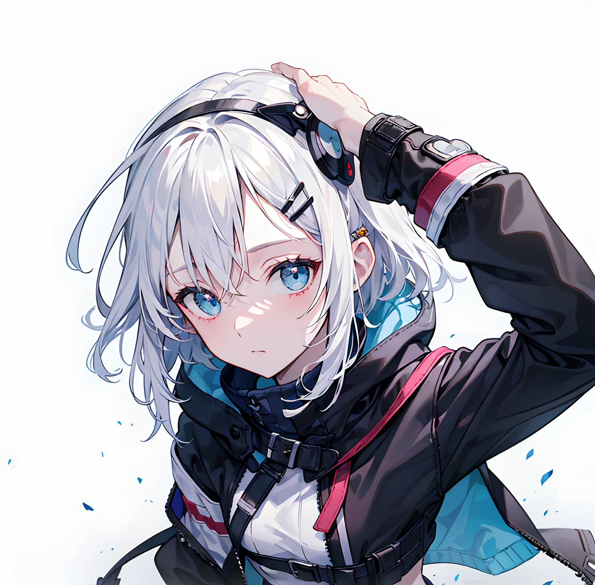 White hair,blueneyes,Cold attitude,gloom ,Skirt, mitts, leg belt, arm belt, hair pin,shairband,simplebackground,head gear,(head portrait),white backgrounid,Functional windproof jacket,black cloaths,Sweaters,Put a hand on your head