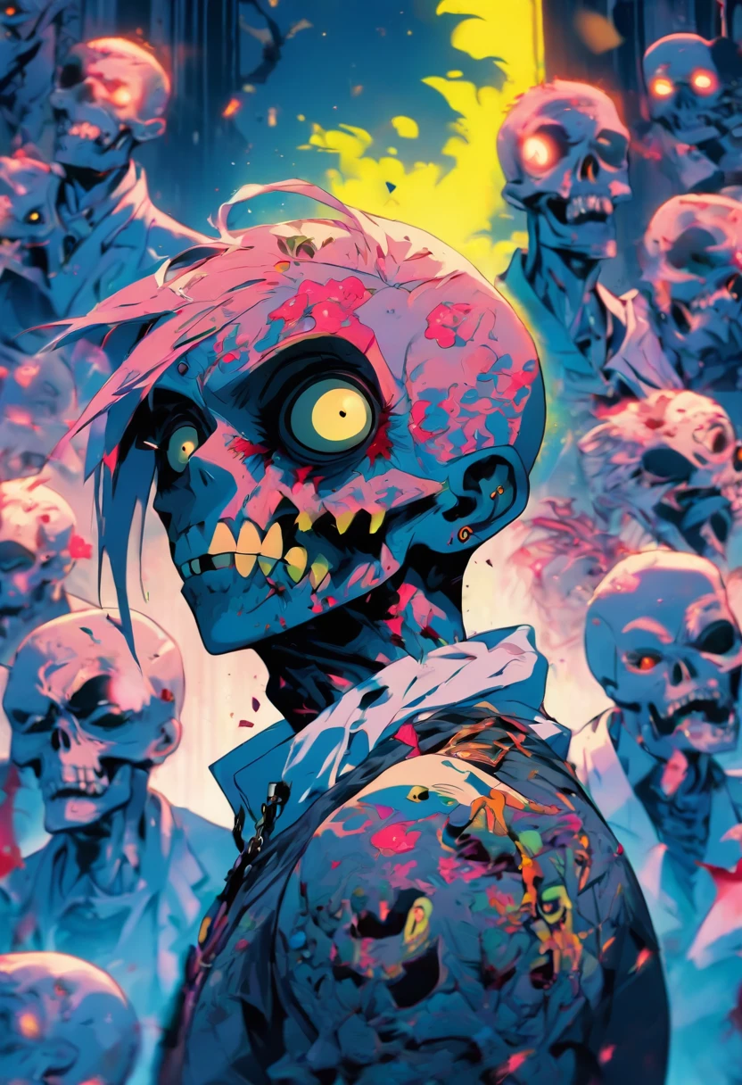 ((Zombie boy))) Best quality, very high resolution, 4K detailed CG, Masterpiece, cyber punk perssonage,, Sun in the background,, stand posture, Dog head, White clothes, ((Broken face, Man's body)), Aesthetics, Beautiful image, Screen-centric, stand posture