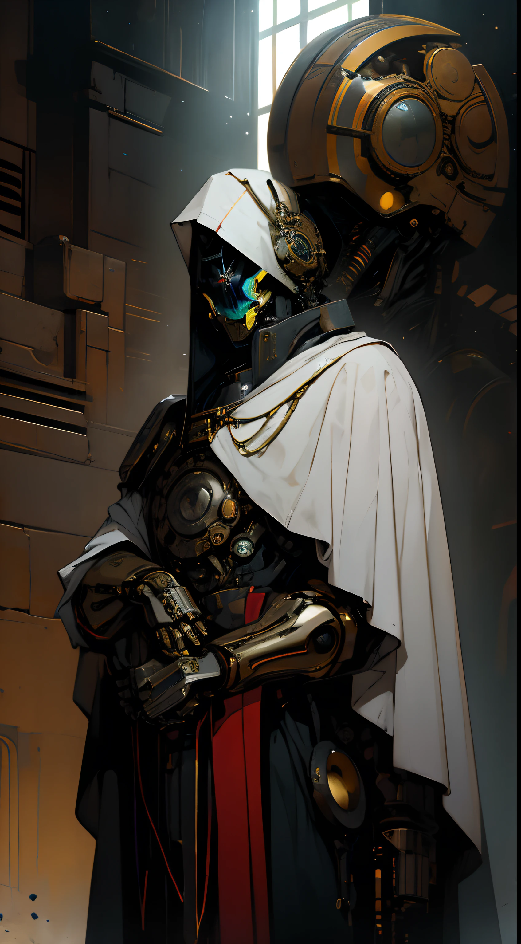 cyborg,((The face is in style of an Exo from Destiny)),Shiny metal skin,Mechanical body parts,Mechanical gears and gears, (devoid of mouth), [Meticulous, Surgical precision],church style background,Science fiction art style,Vibrant colors,High-res,Ultra-detailed,Realistic lighting effects,Bokeh, wearing white robes, cloak, divine pose, two eyes,