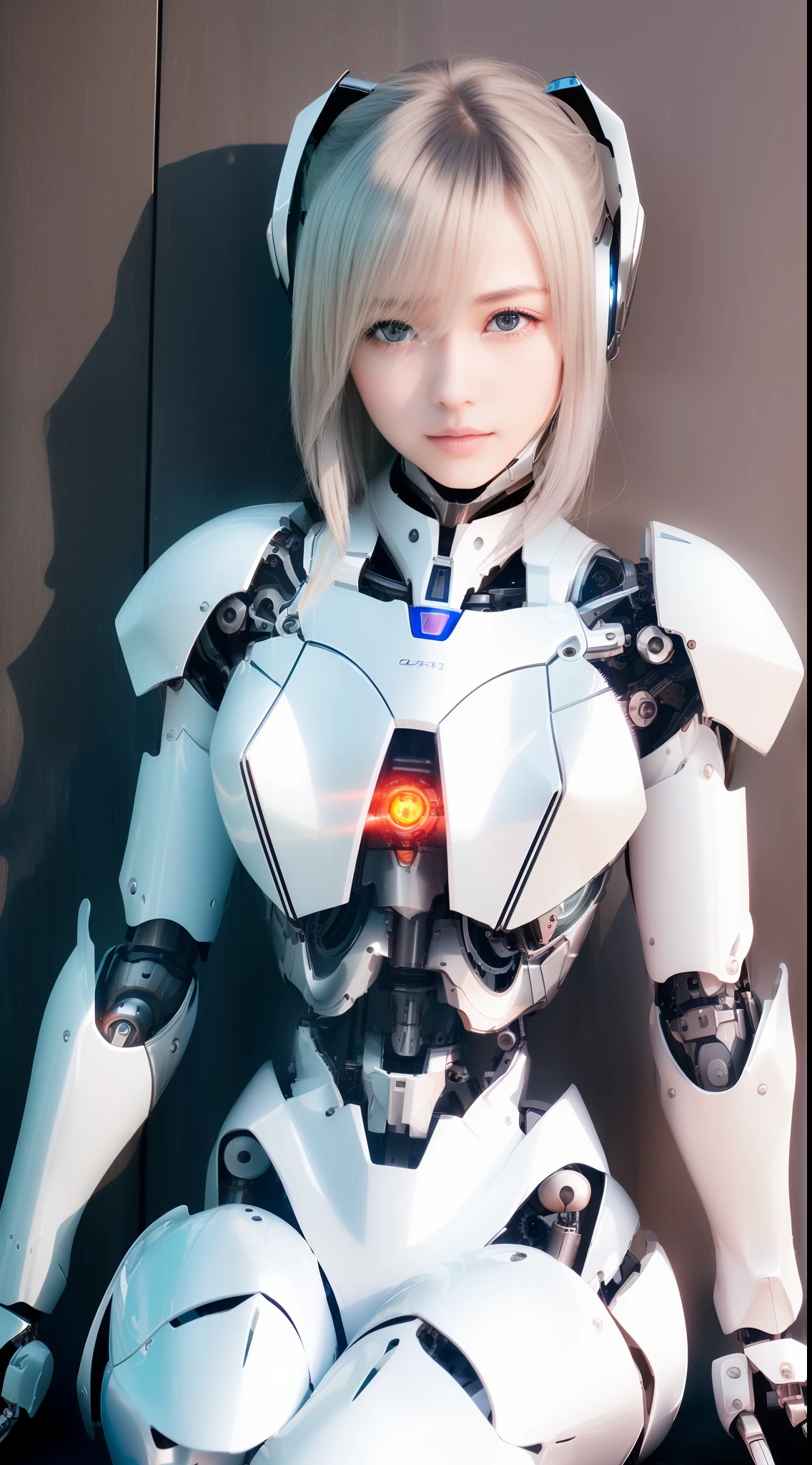 ((masutepiece)), ((top-quality), high quarity、ultra-definition, (Realistic),  ((well proportioned face))、fulcolor 、(scientific fiction)、(独奏)、Beautiful robot woman、Combat Robots、(Perfect robot joint)、(Detailed electronic board)、(Machine frame)、((White porcelain mechanical armor))、(Oval curvaceous face)、(almond shape eyes)、thin mouth、deadpan、((Perfect mechanical two-handed))、(Bright factory)、Perfect robot legs、Sit with your back to the wall