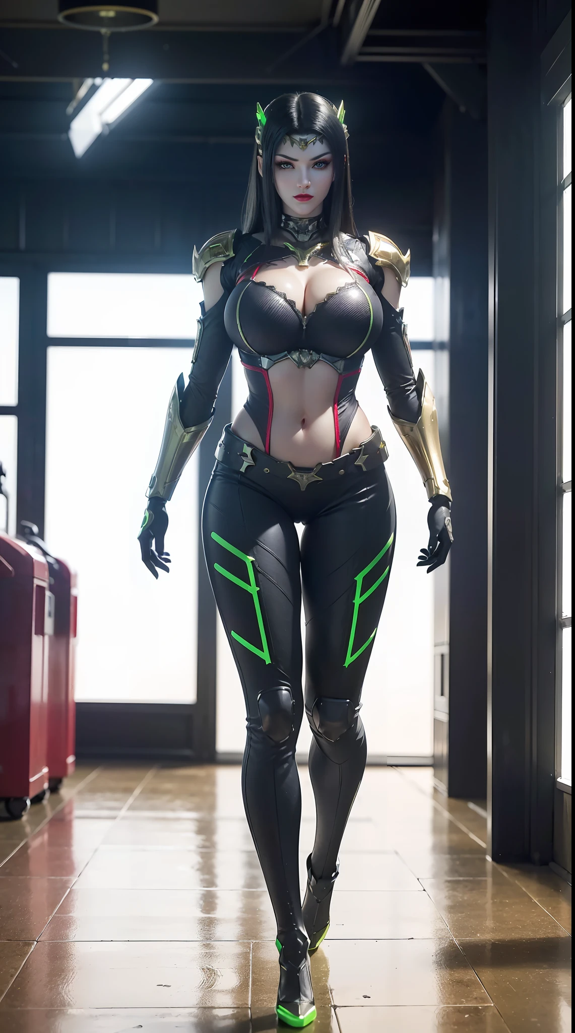 (1GIRL, SOLO:2), (super detailed face), (BIG BUTTOCKS, HUGE FAKE BREASTS:1.5), (CLEAVAGE TOP:1.5), (MUSCLE ABS:1.3), (MECHA GUARD ARMS:1.4), ((RED, NEON GREEN MECHA OVERWATCH ARMORED, BLACK MECHA SKINTIGHT SUIT PANTS, MECHA GUARD ARMOR LEGS, HIGH HEELS:1.5)), (MUSCULAR FEMALE BODY, VOLUPTUOUS:1.3),  (GLOWING SKIN: 0.8), (SEXY LONG LEGS, FULL BODY:1.1), (LOOKING AT VIEWER:1.3), (female focus:0.886), (WALKING DOWN HALLWAY OF FUTURISTIC SPACE STATION:1), (BRIGHT LIGHT WHITEROOM:1.3), SUPER TEXTURE, UNREAL ENGINE RENDER, PHYSICALLY-BASED RENDERING, ULTRA HIGHT DEFINITION, 16K, 1080P.