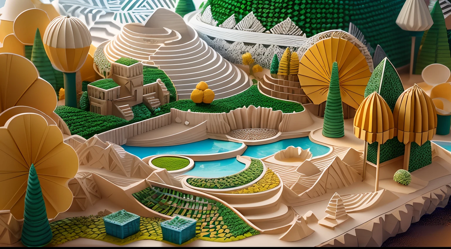 isometry，Sand table model，in fall，with blue sky and white clouds，Green Mountains and Green Water，terraced，bumper harvest，White background，paper art，a 3D render，extremely detaile, (zentangle:1.2), (geomerty:1.2)，Cinematic lighting effects，4K，Masterpiece，offcial art