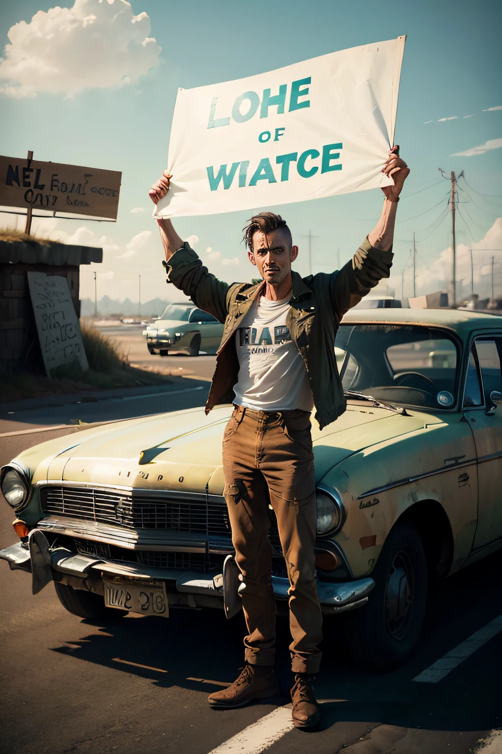 A man with his arms high above his head, holding a big white sign of protest, standing atop of an old, rusty, l french car on the side of the road photo realism, hyper detailed facing the camera --auto