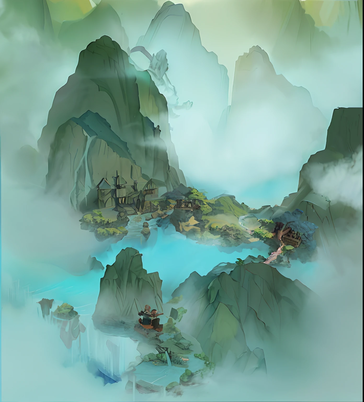 there is a painting of a mountain landscape with a river, legend of korra setting, avatar landscape, background art, floating lands in-clouds, misty environment, painted as a game concept art, game map matte painting, mist, onmyoji detailed art, dota matte painting concept art, background artwork, brittney lee, cyan mist, wakfu colors + symmetry