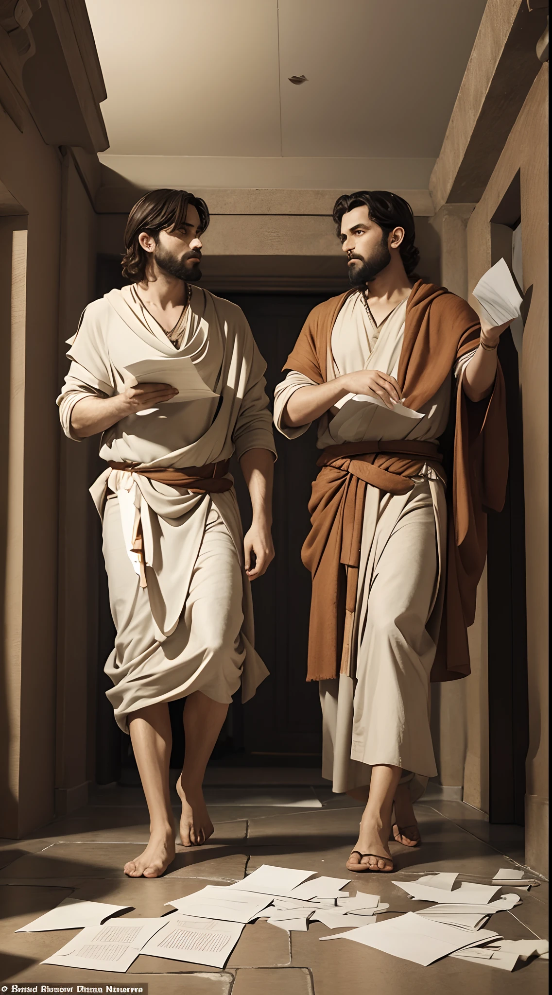 two twin men who were discussing in the room, scattering papers, dramatically,4th century