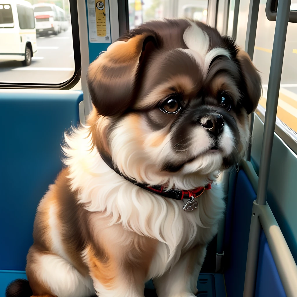 Cachorro shi tzu, dentro de um onibus, mordendo o pescoco de girafa chorando muito.