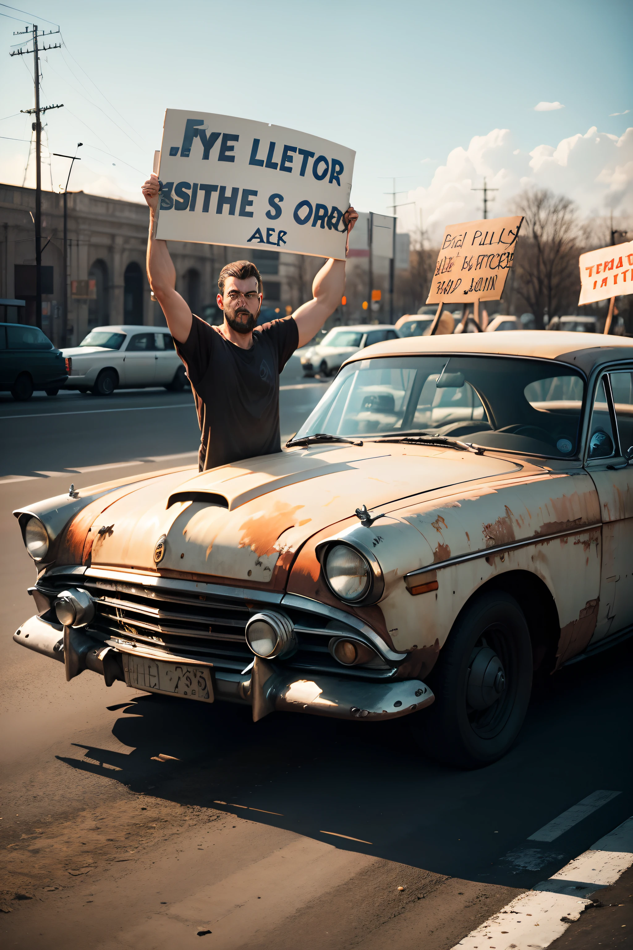 A man with his arms high above his head, holding a big white sign of protest, standing atop of an old, rusty, l french car on the side of the road photo realism, hyper detailed facing the camera --auto