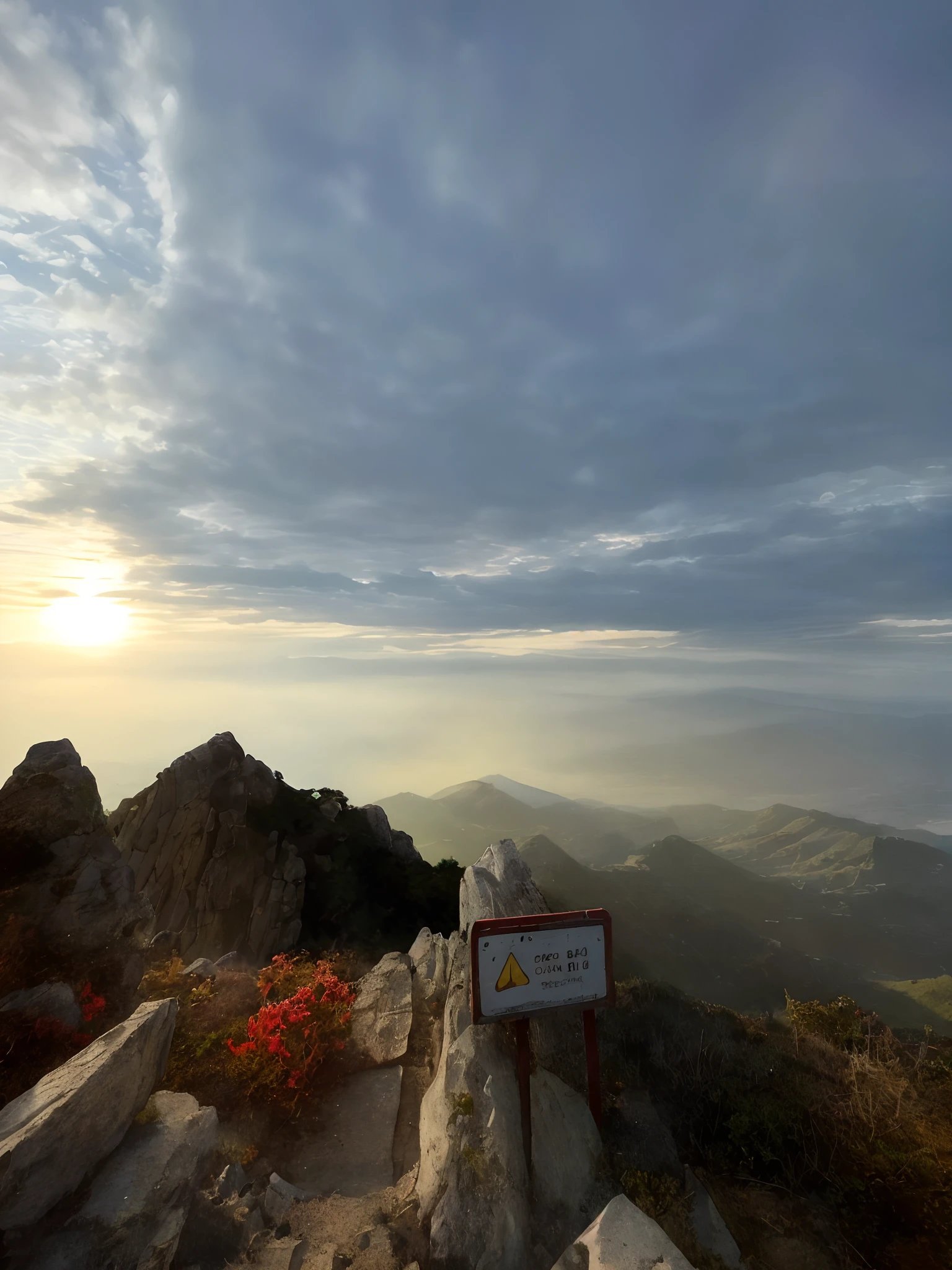 There is a sign on the top of the hill,It says no climbing, Far view, View, At the top of a mountain, during sunrise, taken with sigma 2 0 mm f 1. 4, 8 k''. filling of the view, dramatic view, At the summit, author:Tom Wenerstrand, hilltop, eye - level view