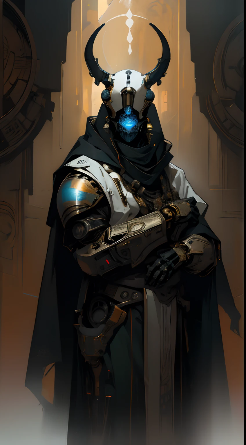 cyborg,((The face is in style of an Exo from Destiny)),Shiny metal skin,Mechanical body parts,Mechanical gears and gears, (devoid of mouth), (devoid of horns), [Meticulous, Surgical precision],church style background,Science fiction art style,Vibrant colors,High-res,Ultra-detailed,Realistic lighting effects,Bokeh, wearing white robes, cloak, divine pose, two eyes,