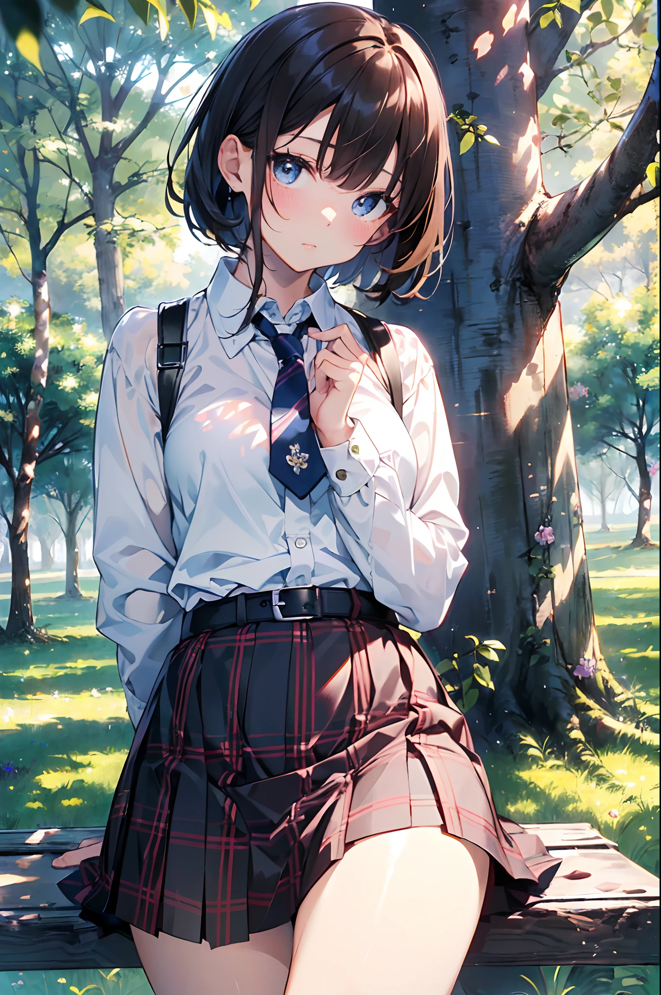 (top-quality、in 8K、32K、masterpiece、nffsw、超A high resolution、Impresionismo、Photorealsitic:1.2)、cowboy shot、foco nítido、detailed faces and eyes、(À la Fed Tree with Purple Flowers in Park with Bench, Breathtakingly beautiful tree々, Breathtaking - beautiful tree々々taking photo, Weeping willow and flowers, inspired by Matsumura Goshun, by Ikuo Hirayama, by Takeharu Matsumura, Magic Tree, by Kaii Higashiyama, Beautiful trees, very magical and dreamy)、Sharp pupils、Realistic pupils、beauitful face、18 year old beautiful girl、shinny skin、Bery short hair、Beautiful dark brown hair、Blunt bangs、Dark blue eyes、Shirt、neck tie、Plaid miniskirt、Black socks、(Have a skirt、Lifting skirt、I can see the white panties:1.3)、(Embarrassed look:1.2)、Mel Kishida