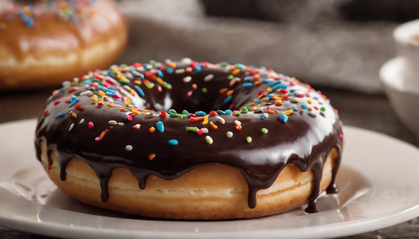 A delectable and enticing donut, freshly baked and still warm. The donut is generously glazed with a glossy layer of chocolate icing, and colorful sprinkles are artfully scattered on top. The donut's surface glistens, and you can almost taste the sweetness just by looking at it. It rests on a pristine white plate, emphasizing its irresistible allure. The atmosphere is one of pure indulgence and anticipation. The chosen style for this image is a high-quality food photography session. A professional DSLR camera with a macro lens (e.g., Canon EOS 5D Mark IV with a 100mm f/2.8 lens) will capture the donut's texture and the richness of its chocolate glaze with exceptional detail. --ar 16:9 --v 5