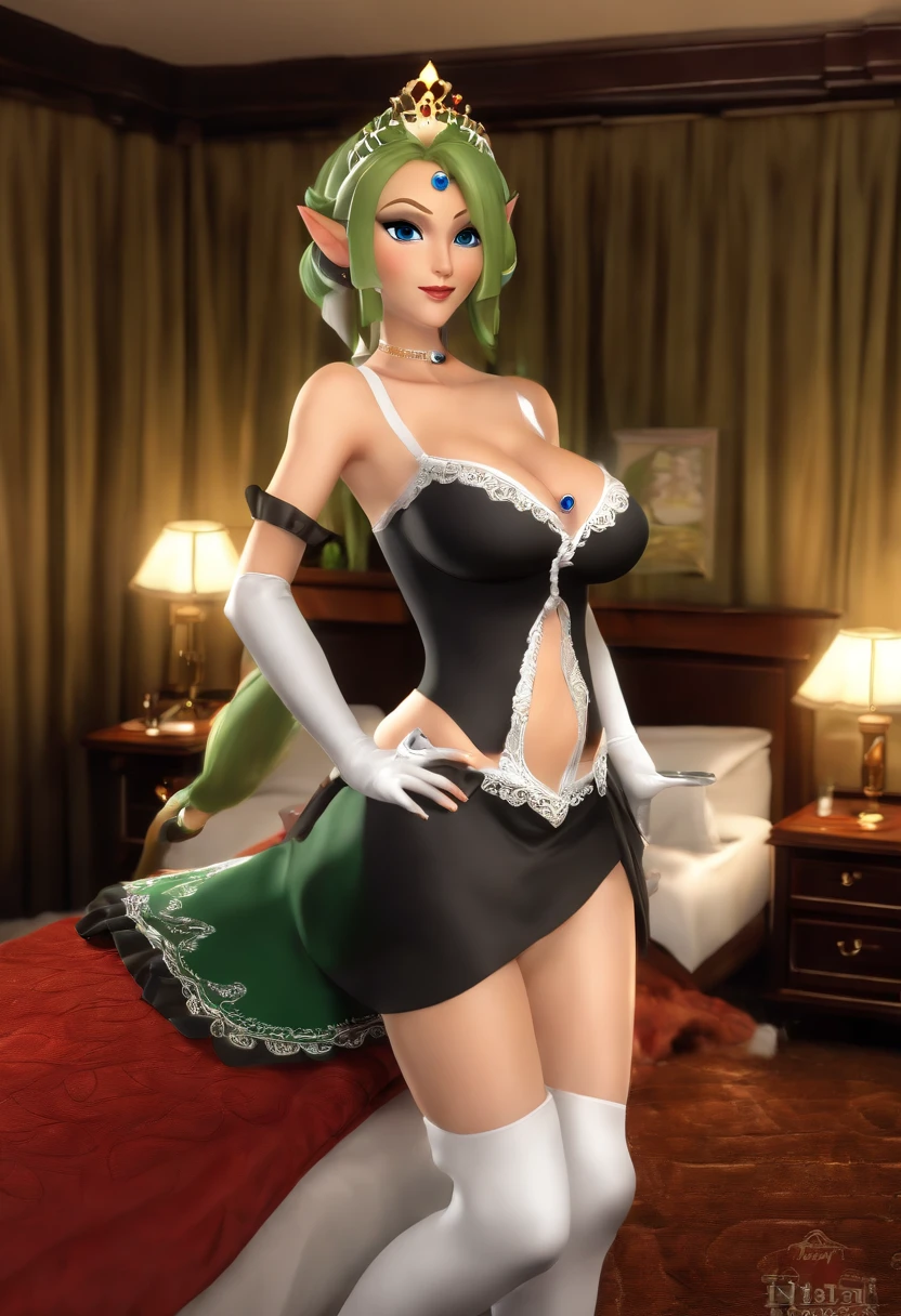 (full body image:1.5), (Princess Zelda, Standing, soio:1.2) ,(large full breasts:1.5), (She is dressed as a black maid with a very short white skirt/Very tight clothes on her body:1.3), (She is inside the hotel room in front of the bed:1.3), She has (Blue Eyes, Dark green mohawk hair:1.2), (She's smiling, Looking at the viewer. Exhibitionist pose:1.2), photorealistic full body, 16 k, Best Quality, high detailed, textured skin, UHD, Masterpiece, Anatomically accurate.