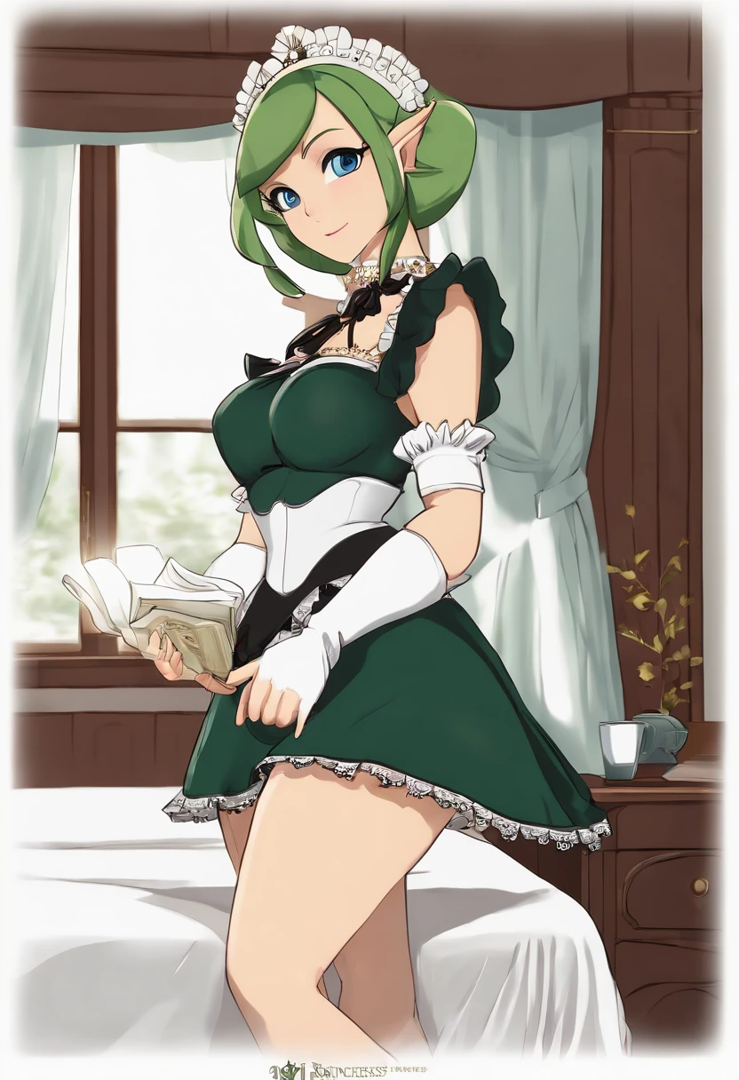 masterpiece full body,(Maid clothes:1.3),skirt lift by myself,showing panties ,shy, blush, (covere penis:1.3),dark green medium hair,otoko no ko,male focus,1boy,solo,looking at viewer,smile,hair between eyes, simple background,blue eyes