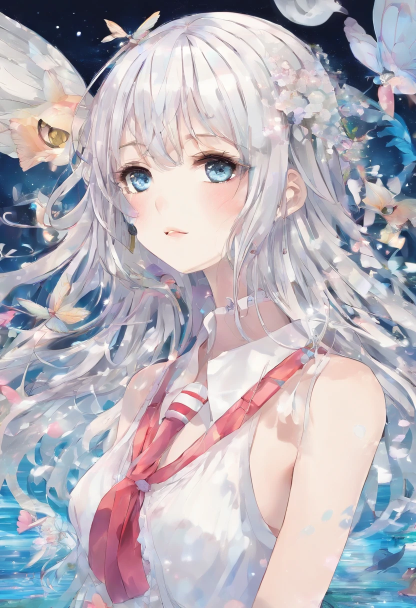 、a beauty girl、cool、Ephemeral、Adorable、kawaii、Big eyes、Silver hair short、small tits、Delicate and well-proportioned body、swim wears(blanche、Cute dress、frilld、Shoulder buttons)、