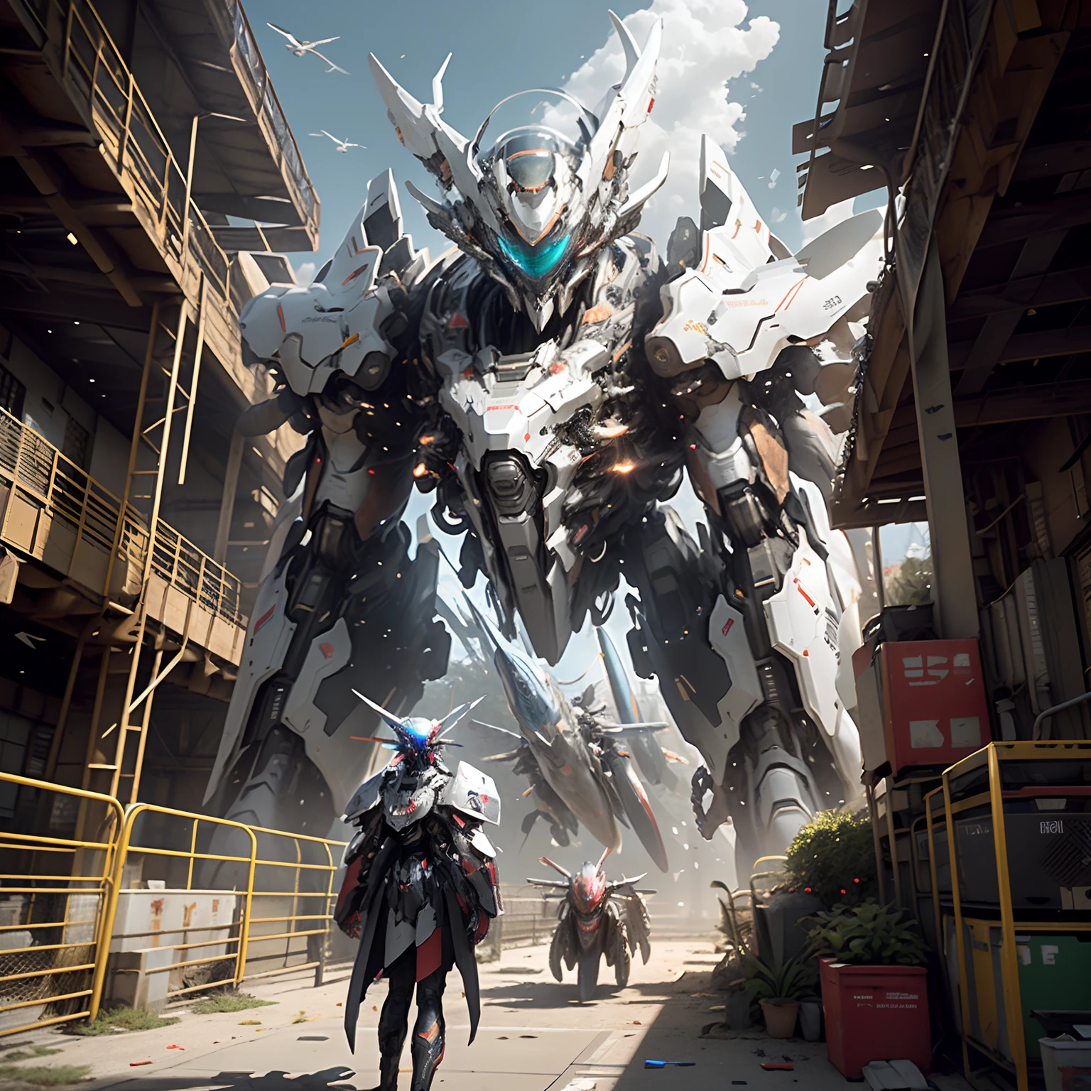 ((Best quality)), ((masterpiece)), (highly detailed:1.3), 3D, beautiful, (cyberpunk:1.2), in space, nebula, holding_weapon, (1Female mecha:1.3), facing the viewer, glowing eyes, full body, (flying, swooping down, dynamic, motion blur: 1.4), (huge mecha wings: 1.6), looking up, glowing_eyes, mecha, panorama, background is earth, nebula, space, particles, reality, HDR (High Dynamic Range), Ray Tracing, NVIDIA RTX, Super Resolution, Unreal 5, Subsurface Scattering, PBR Texturing, Post Processing, Anisotropic Filtering, Depth of Field, Maximum Clarity and Clarity, Multilayer Textures, Albedo and Specular map, Surface shading, accurate simulation of light-material interaction, perfect proportion, Octane Render, two-tone lighting, large aperture, low ISO, white balance, rule of thirds, 8K RAW, efficient sub-pixel, sub-pixel convolution,