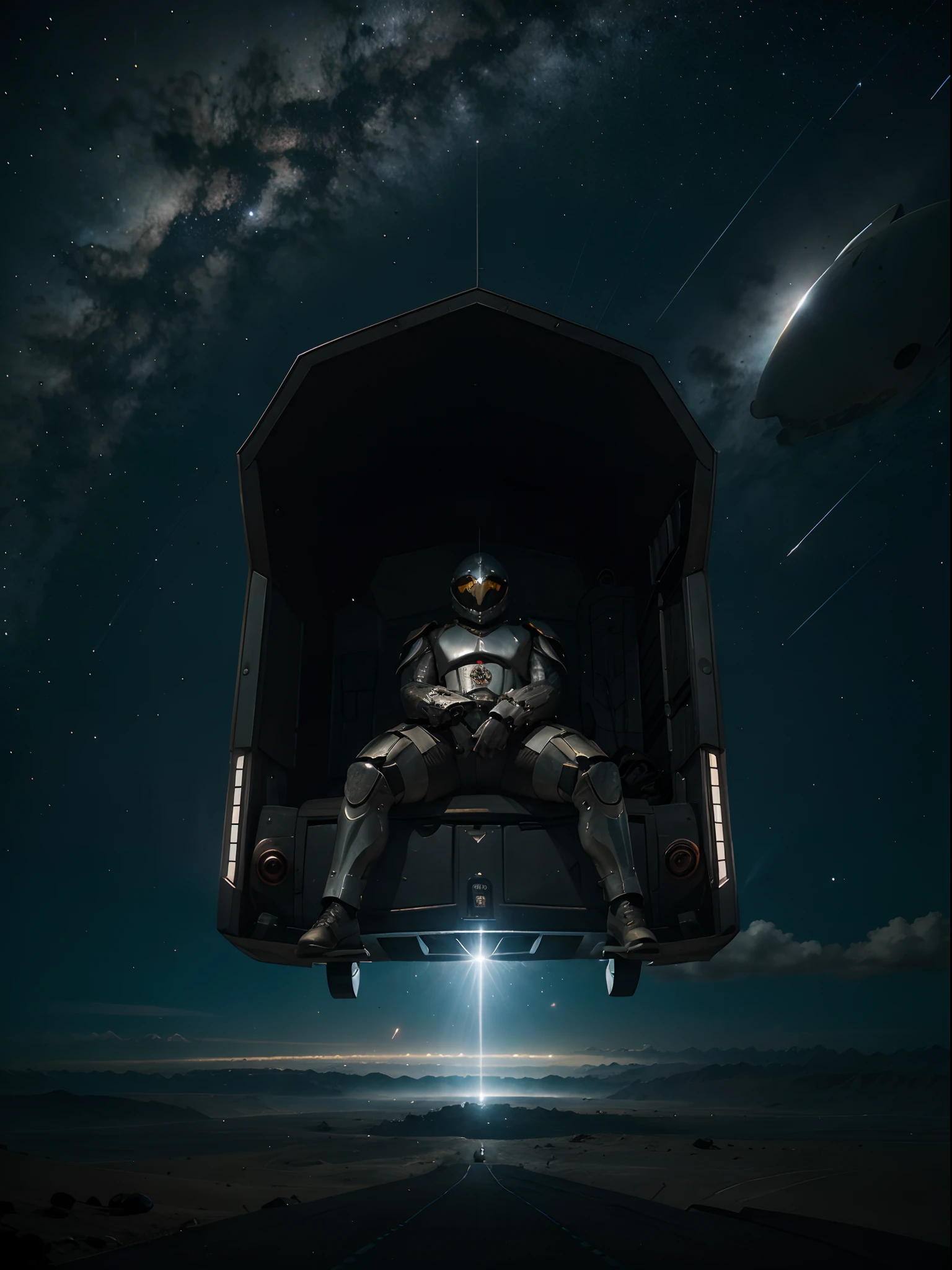 Colocar uma armadura especial , and in the background a spaceship and several stars
