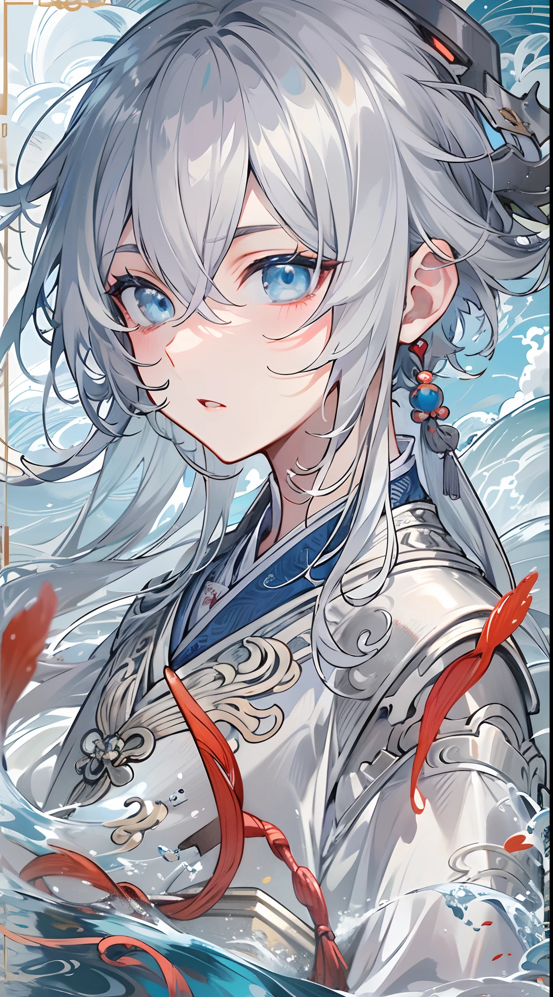 tmasterpiece，Need，超高分辨率，shoun，Chinese ancient style，(Short silver-gray hair)，blue color eyes，Libido boy,adolable，Water god，The corals，Clouds，wave，Kamimei，Armour，Step on the waves