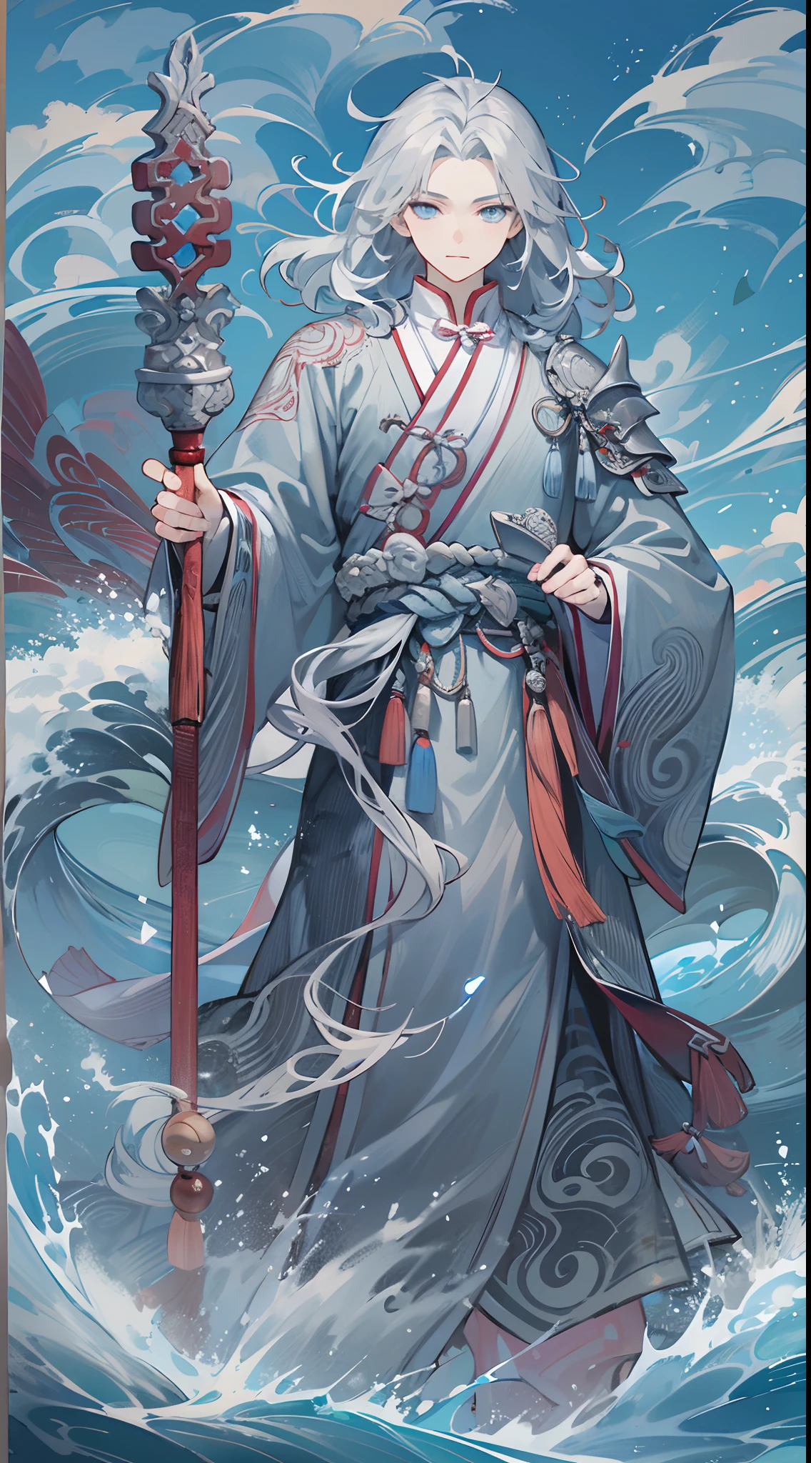 tmasterpiece，Need，超高分辨率，shoun，Chinese ancient style，(Short silver-gray hair)，blue color eyes，Libido boy,adolable，Water god，The corals，Clouds，wave，Kamimei，Armour，Step on the waves