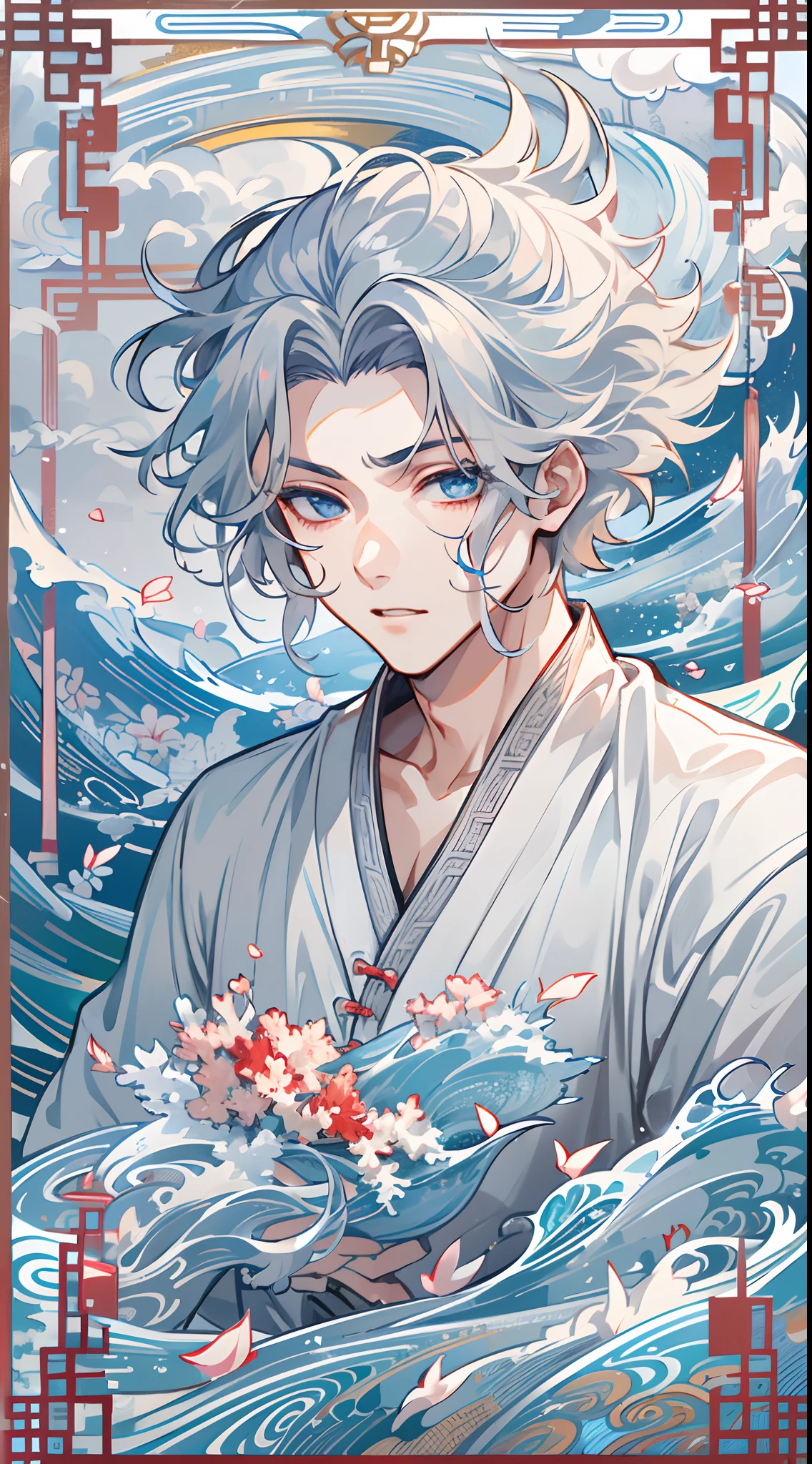 tmasterpiece,Need,超高分辨率,shoun,Chinese ancient style,(Short silver-gray hair),blue color eyes,Libido boy,adolable,Water god,The corals,Clouds,wave,Kamimei,Armour,Step on the waves