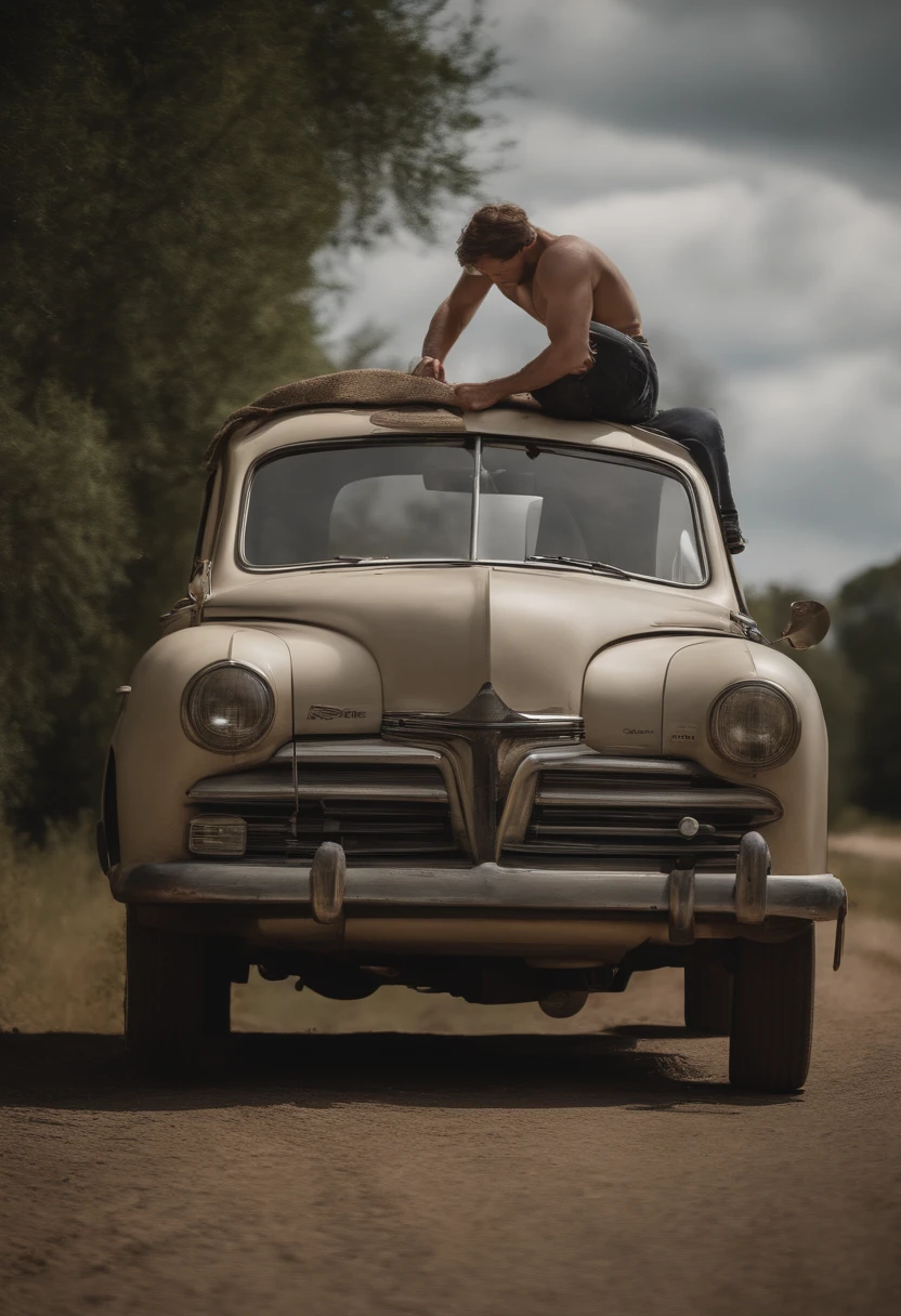 A man with his arms high above his head, holding a big white sign of protest, standing atop of an old, rusty, l german car on the side of the road  photo realism, hyper detailed facing the camera