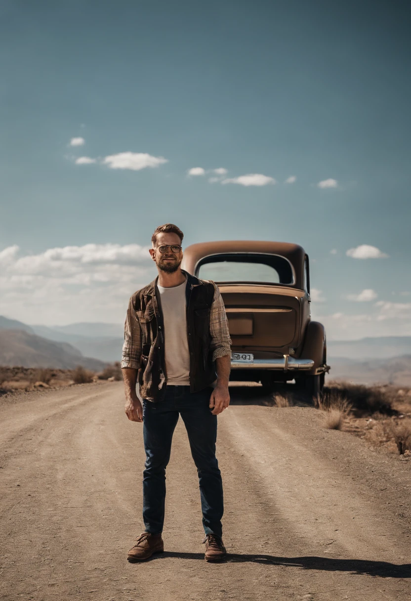 A man with his arms high above his head, holding a big white sign of protest, standing atop of an old, rusty, l german car on the side of the road photo realism, hyper detailed facing the camera