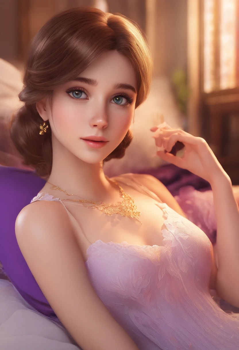 An adorable girl with chestnut brown hair, wearing a purple dress and white stockings, sitting on a beautifully made bed. The girl's eyes are stunningly detailed, with long eyelashes that add to her charm. Her lips are also beautifully detailed, giving her a captivating smile. The overall image is of the highest quality, with ultra-detailed features and a photorealistic appearance. The scene is bathed in soft, natural light, creating a warm and inviting atmosphere. The colors are vivid and vibrant, enhancing the girl's beauty and adding life to the artwork. The medium used to create this masterpiece is a combination of illustration and digital painting, resulting in a visually stunning piece of art.