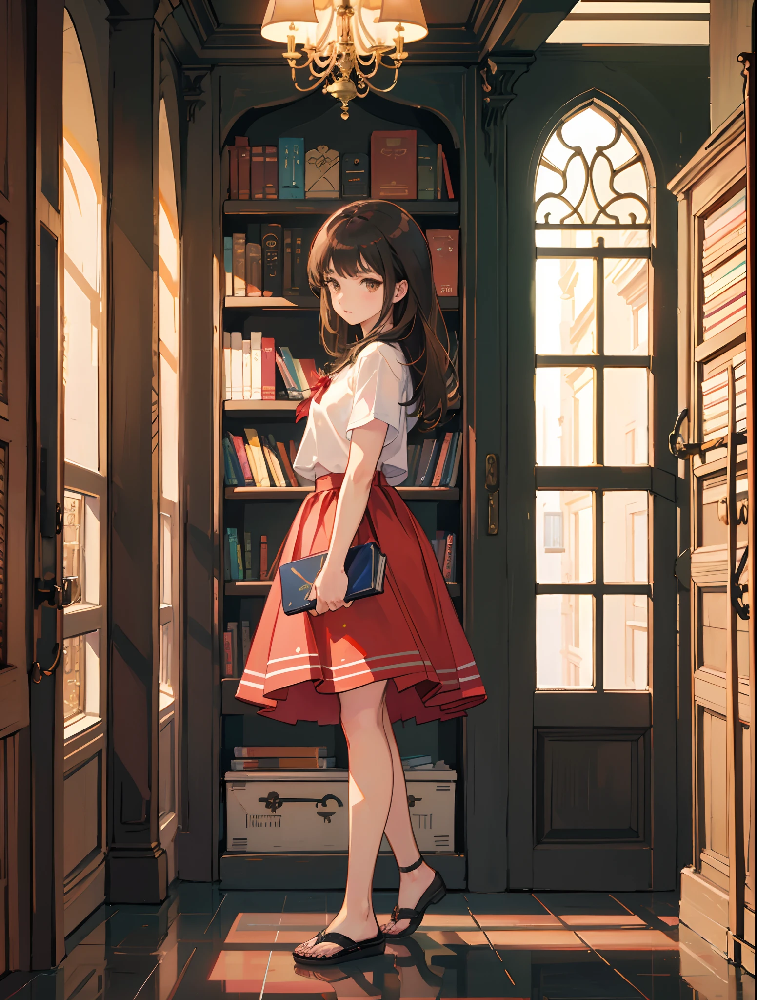 1girl, arms at sides, bangs, black hair, blurry, book, book stack, bookshelf, brown eyes, brown hair, closed mouth, food, fruit, full body, hallway, indoors, library, long hair, long skirt, looking at viewer, mysterious, red skirt, reflective floor, sandals, shirt, short sleeves, skirt, solo, standing, sunlight, t-shirt, walking, white shirt, window