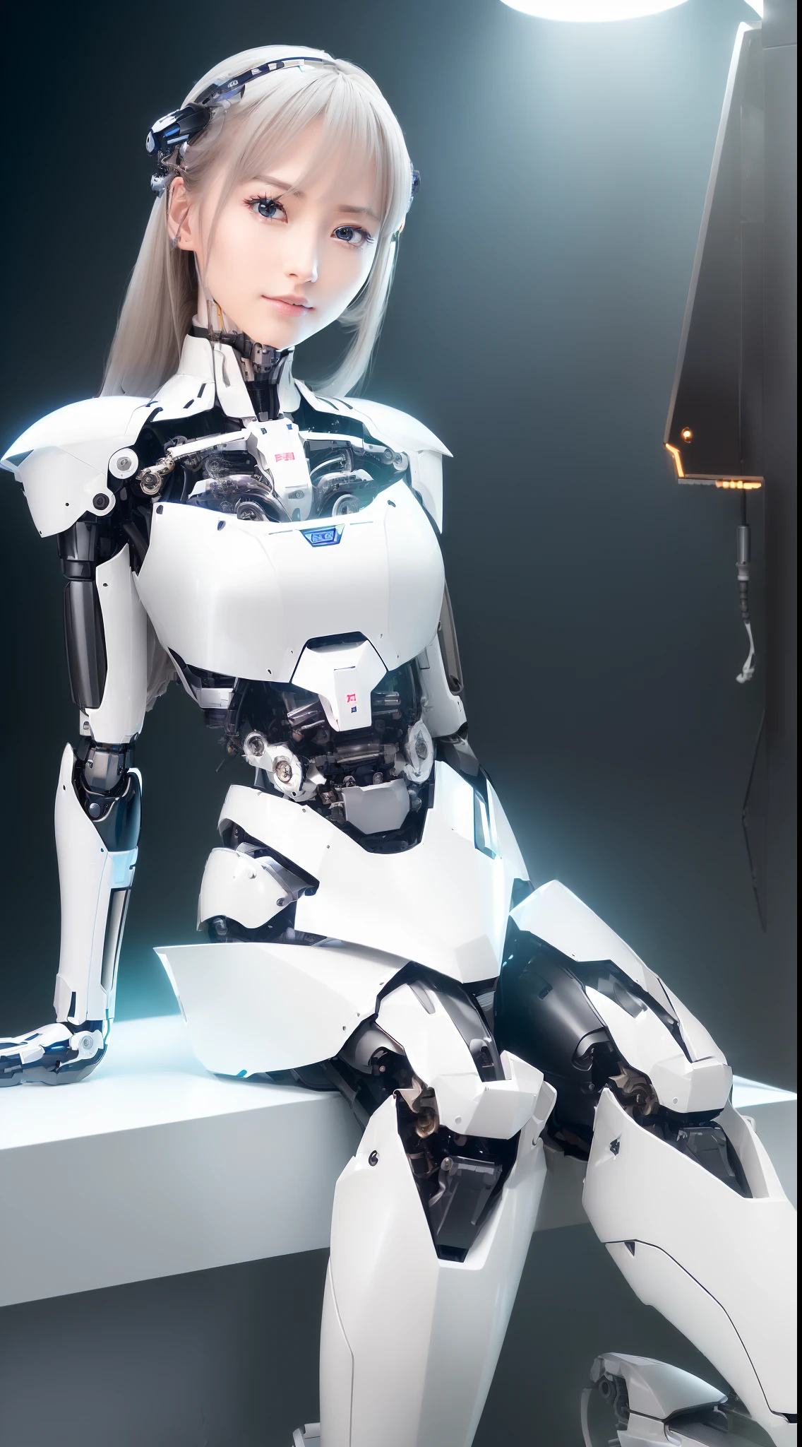 ((masutepiece)), ((top-quality), high quarity、ultra-definition, (Realistic),  ((well proportioned face))、fulcolor 、(scientific fiction)、(独奏)、Beautiful robot woman、Combat Robots、(Perfect robot joint)、(Detailed electronic board)、(Machine frame)、((White porcelain mechanical armor))、(Oval curvaceous face)、(almond shape eyes)、thin mouth、deadpan、((Perfect mechanical two-handed))、(Bright factory)、Perfect robot legs、Sit with your back to the charging station