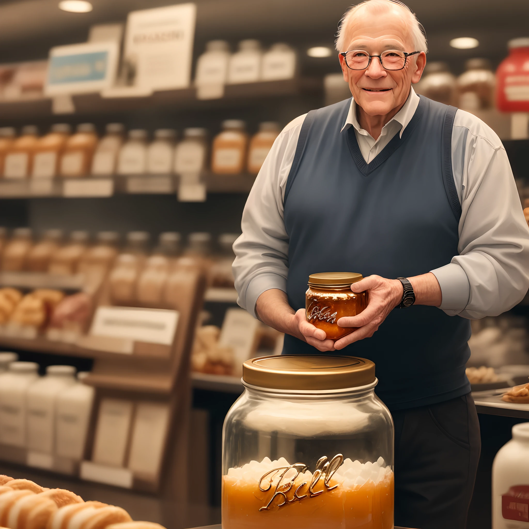 I just want a picture of a 69-year-old man holding a jar of sugar